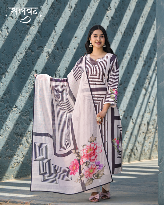 Light Cream & Black Heavy Handwork Kurta Set With Printed Dupatta