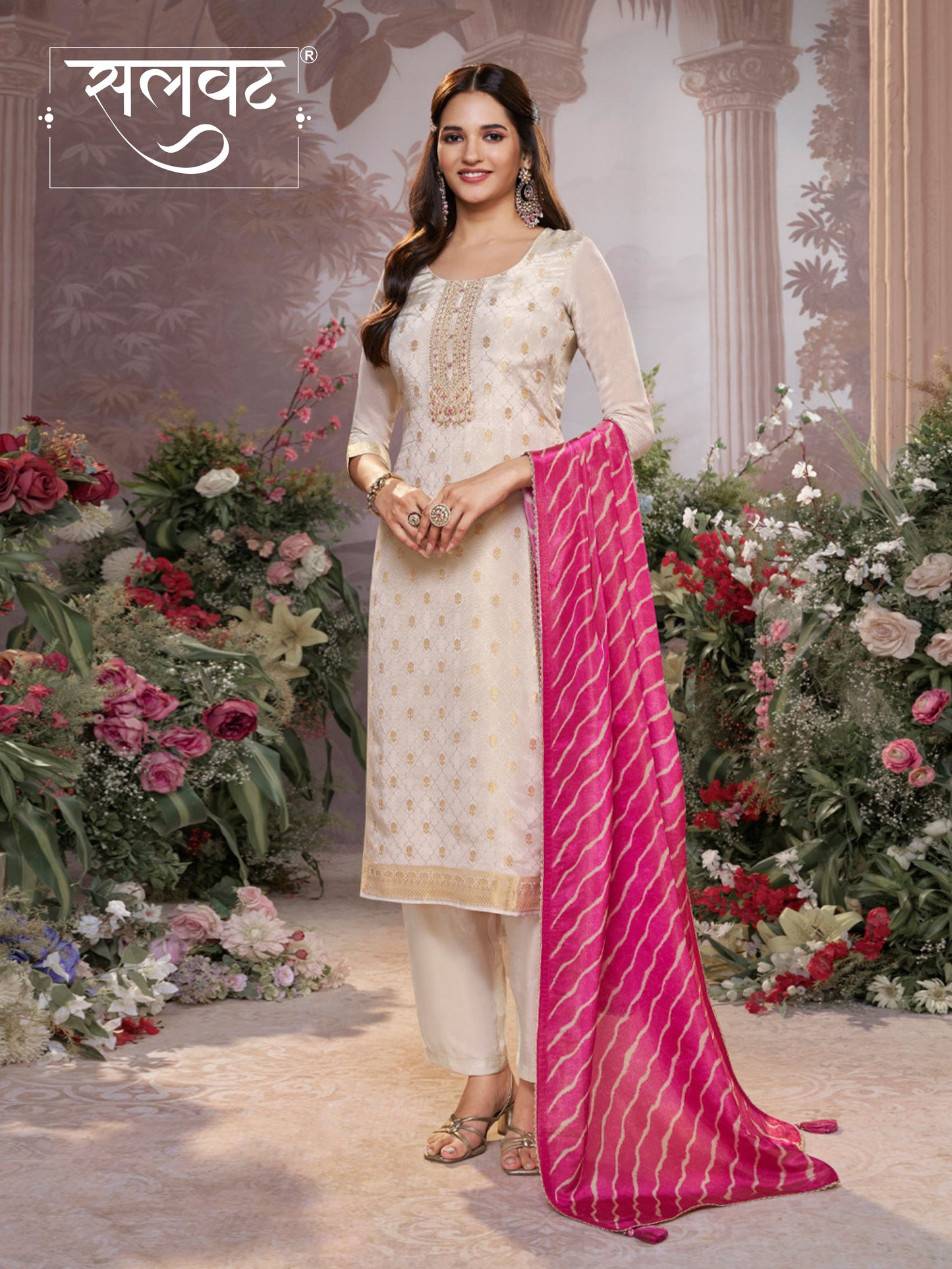 Cream Tissue Jacquard Kurta Set with Pink Contrast Digital Print Dupatta