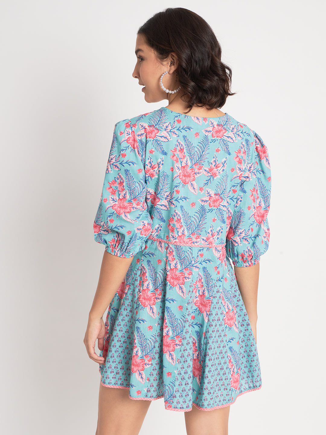 Tame Teal and Cherry Blossom Short Dress