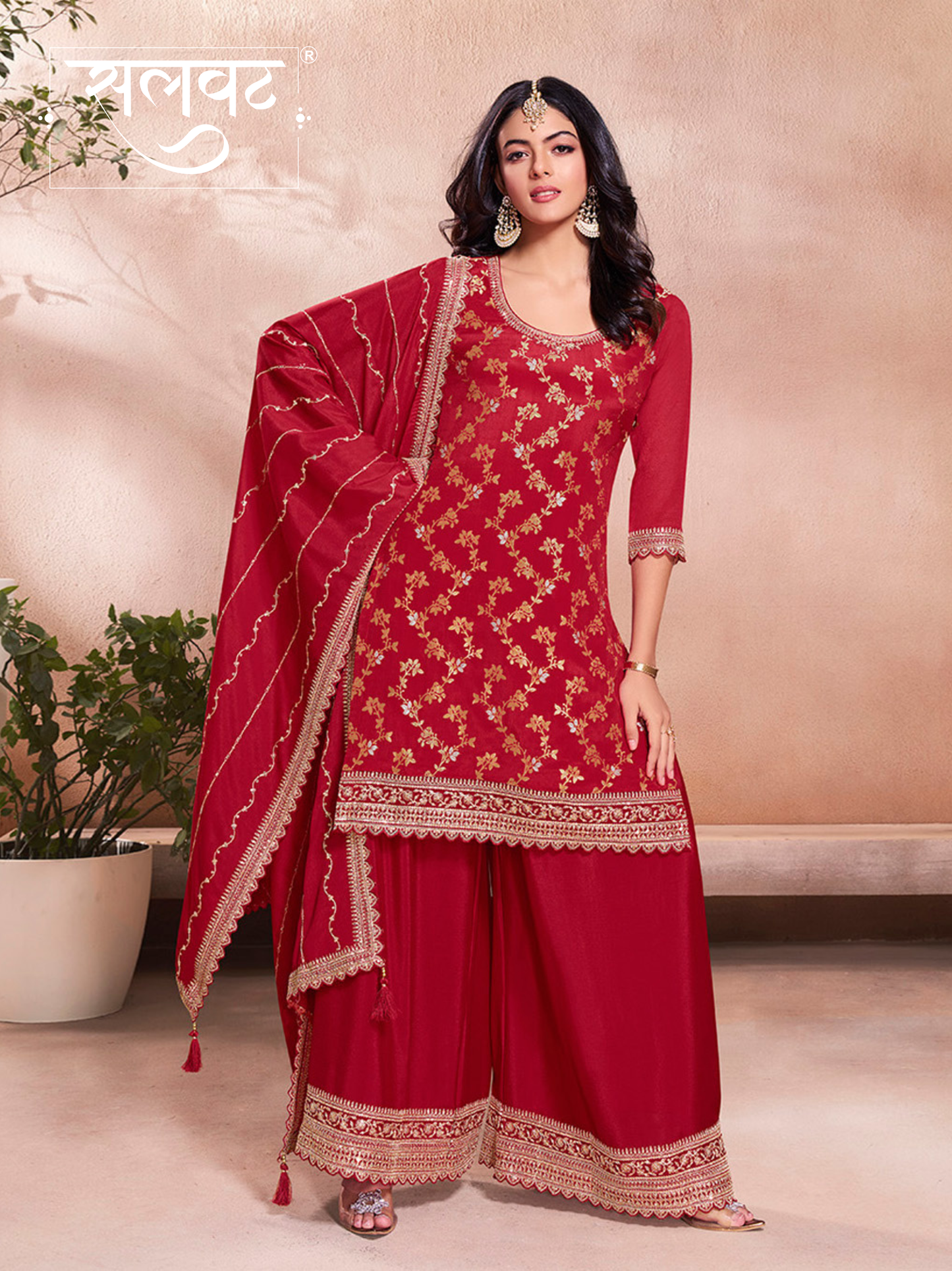 Red Jacquard Embroidery Sharara Suit Set