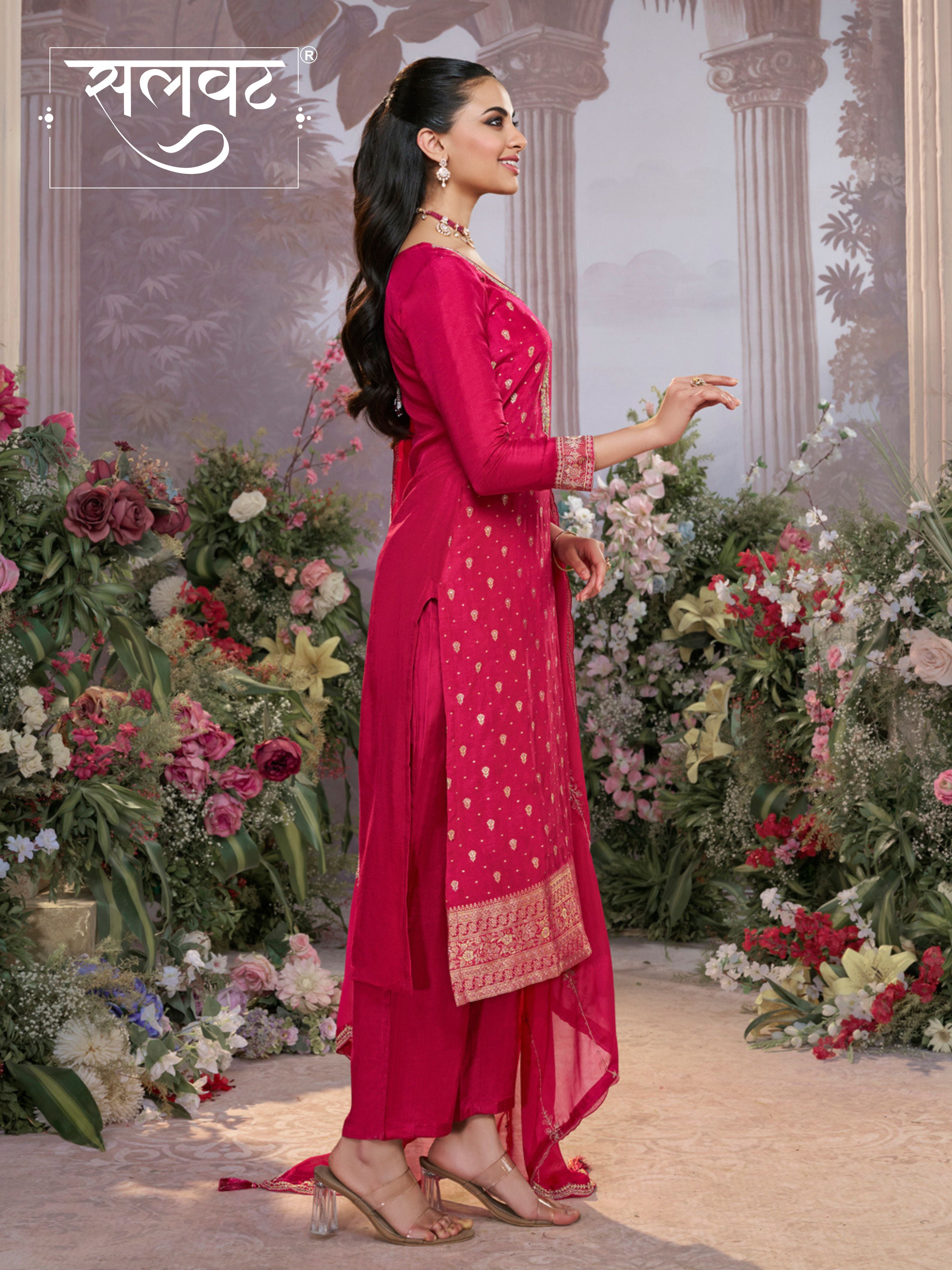 Pink Dola Silk Fabric Kurta with Embroidered & Jacquard Work Paired with Rangoli Fabric Dupatta with Patterned Sequins Work.