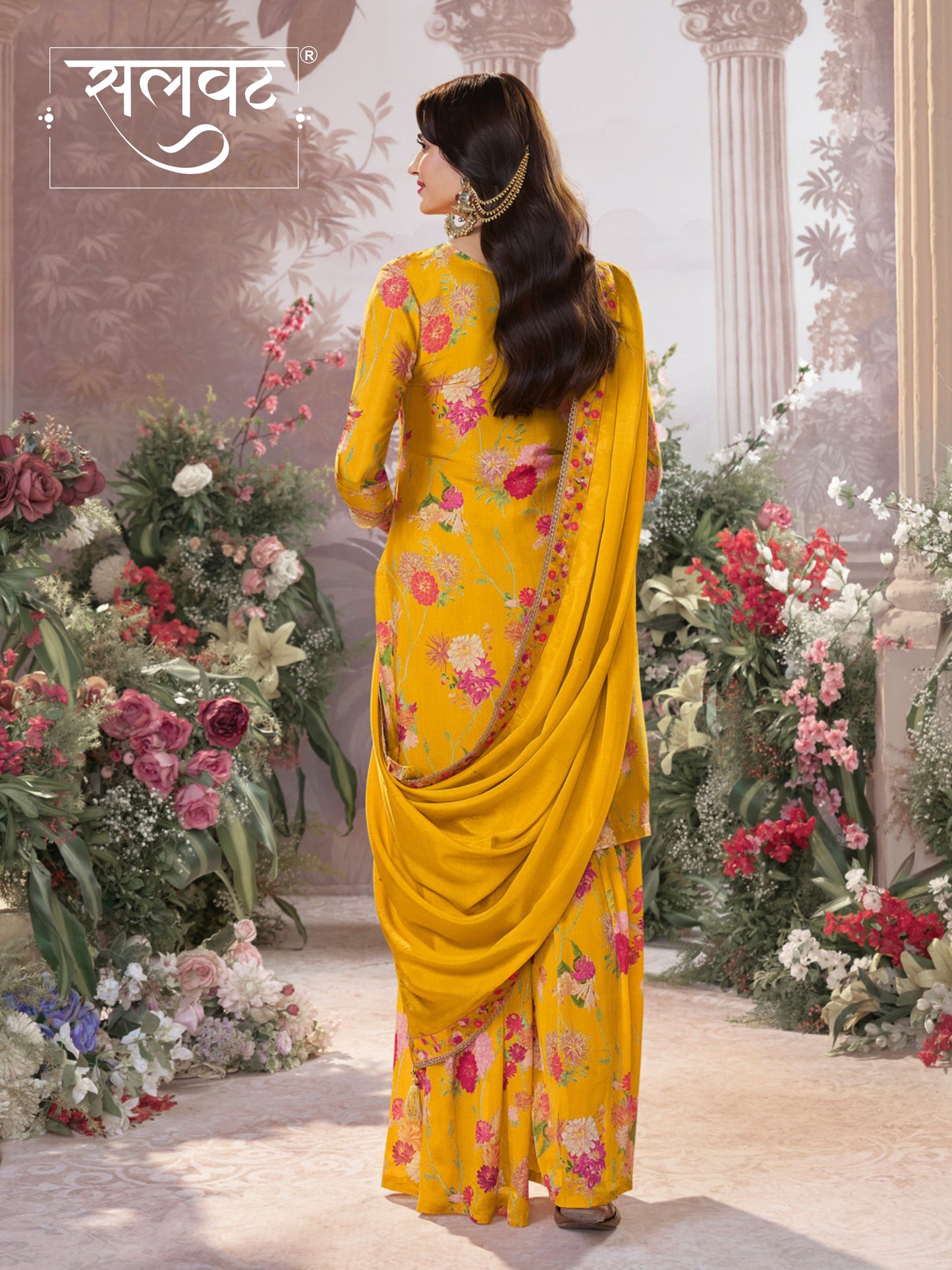 Yellow Chinon Sharara Set with Floral Print and Embroidery
