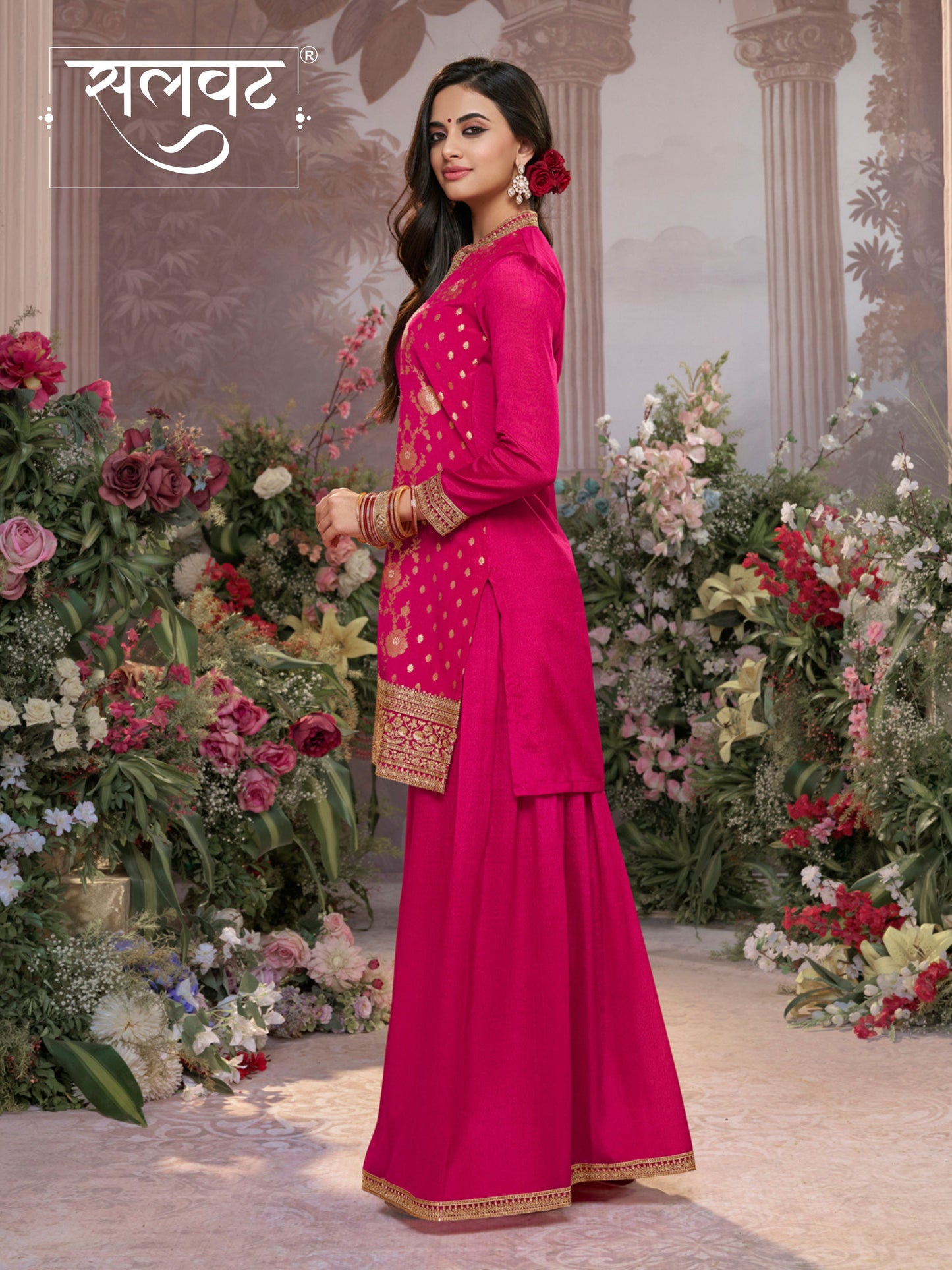 Hot Pink Chinon Kurta Set with Heavy Jacquard Work Paired with Chinon Dupatta with Embroidered Work.