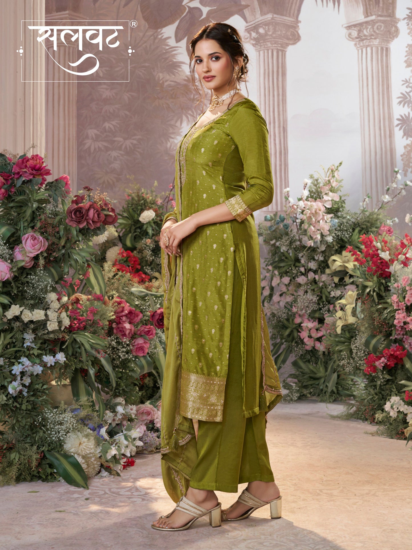 Olive Dola Silk Fabric Kurta with Embroidered & Jacquard Work Paired with Rangoli Fabric Dupatta with Patterned Sequins Work.