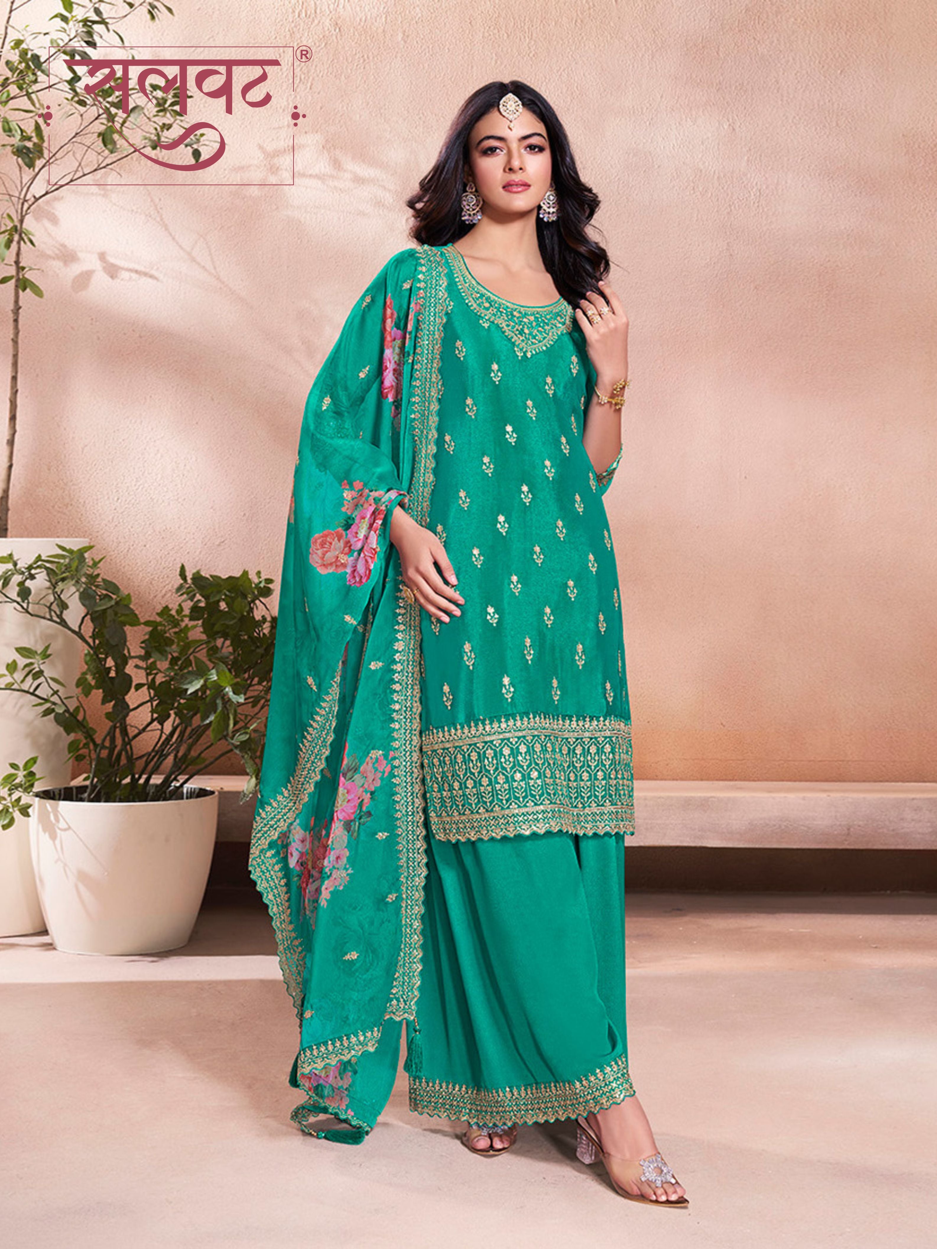 Teal Green Butti Floral pattern Sequins Embroidered Sharara Suit Set