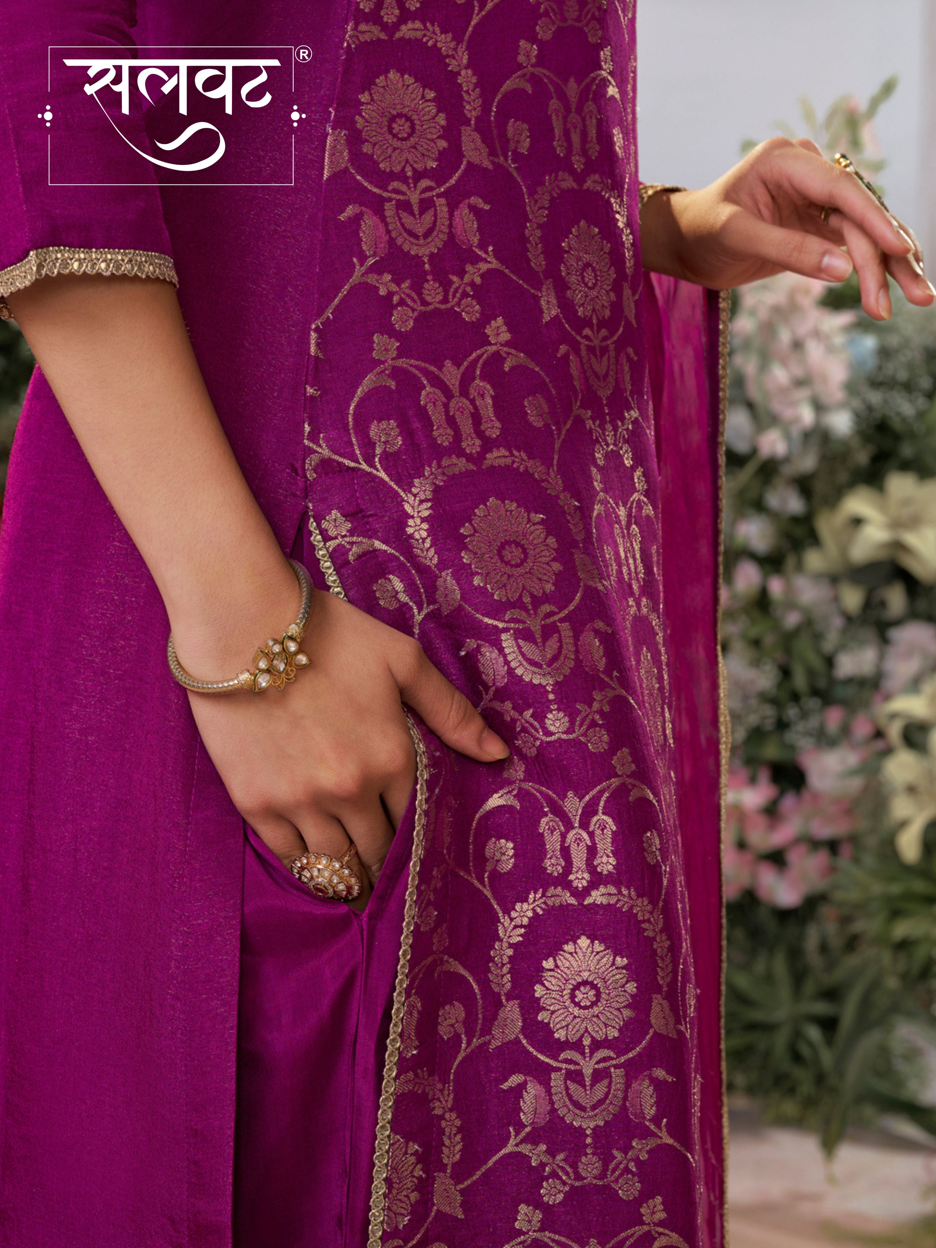 Pansy Purple Chinon Kurta Set with Jacquard and Zari Work, Paired with an Organza Dupatta