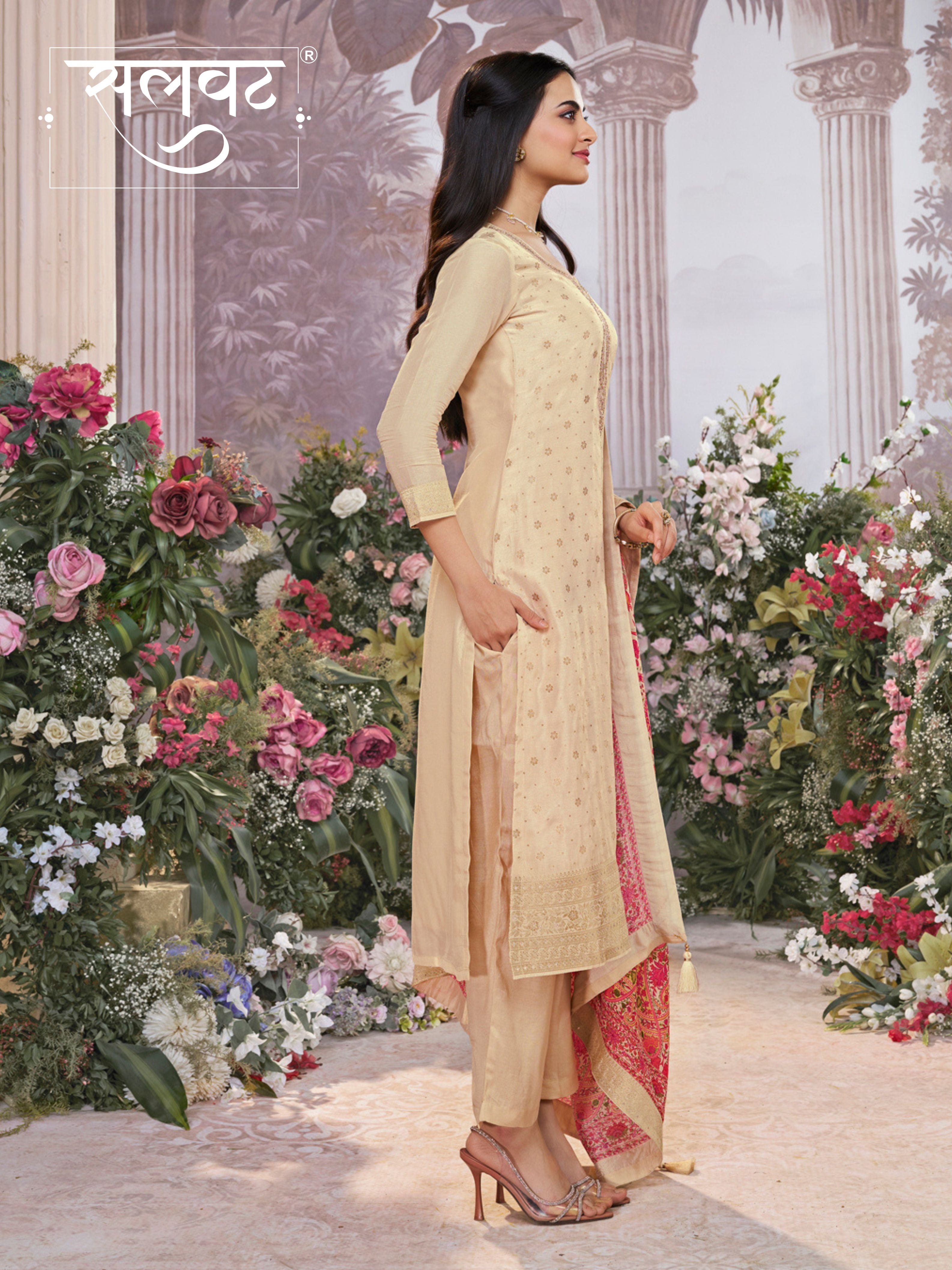 Off-White Dola Silk Kurta Set with Jacquard Detailing and Intricate Embroidery, Paired with a Cherry Silk Dupatta