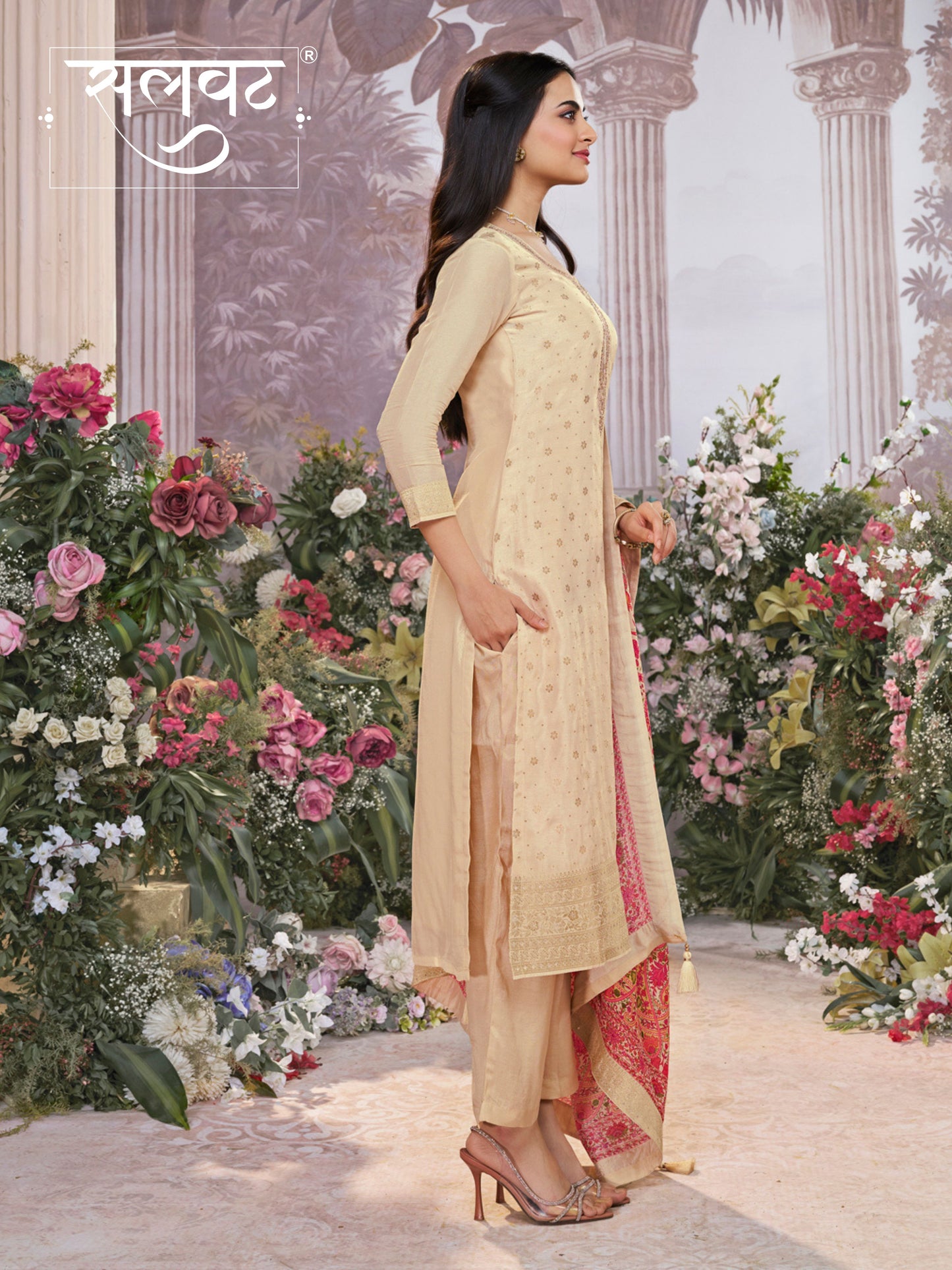 Off-White Dola Silk Kurta Set with Jacquard Detailing and Intricate Embroidery, Paired with a Cherry Silk Dupatta