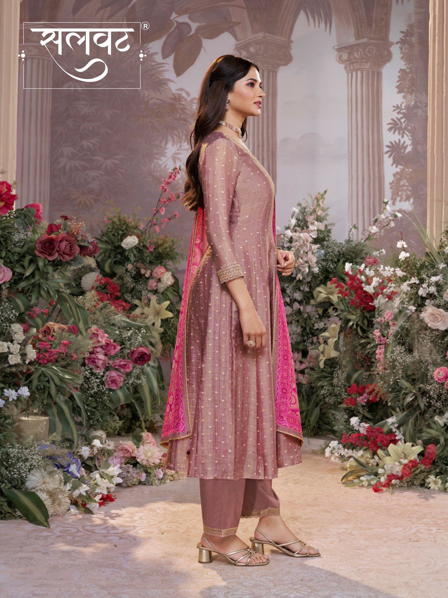 Dusty Rose Tissue Silk Embroidered Anarkali Suit Set with Contrast Digital Print Russian Silk Dupatta