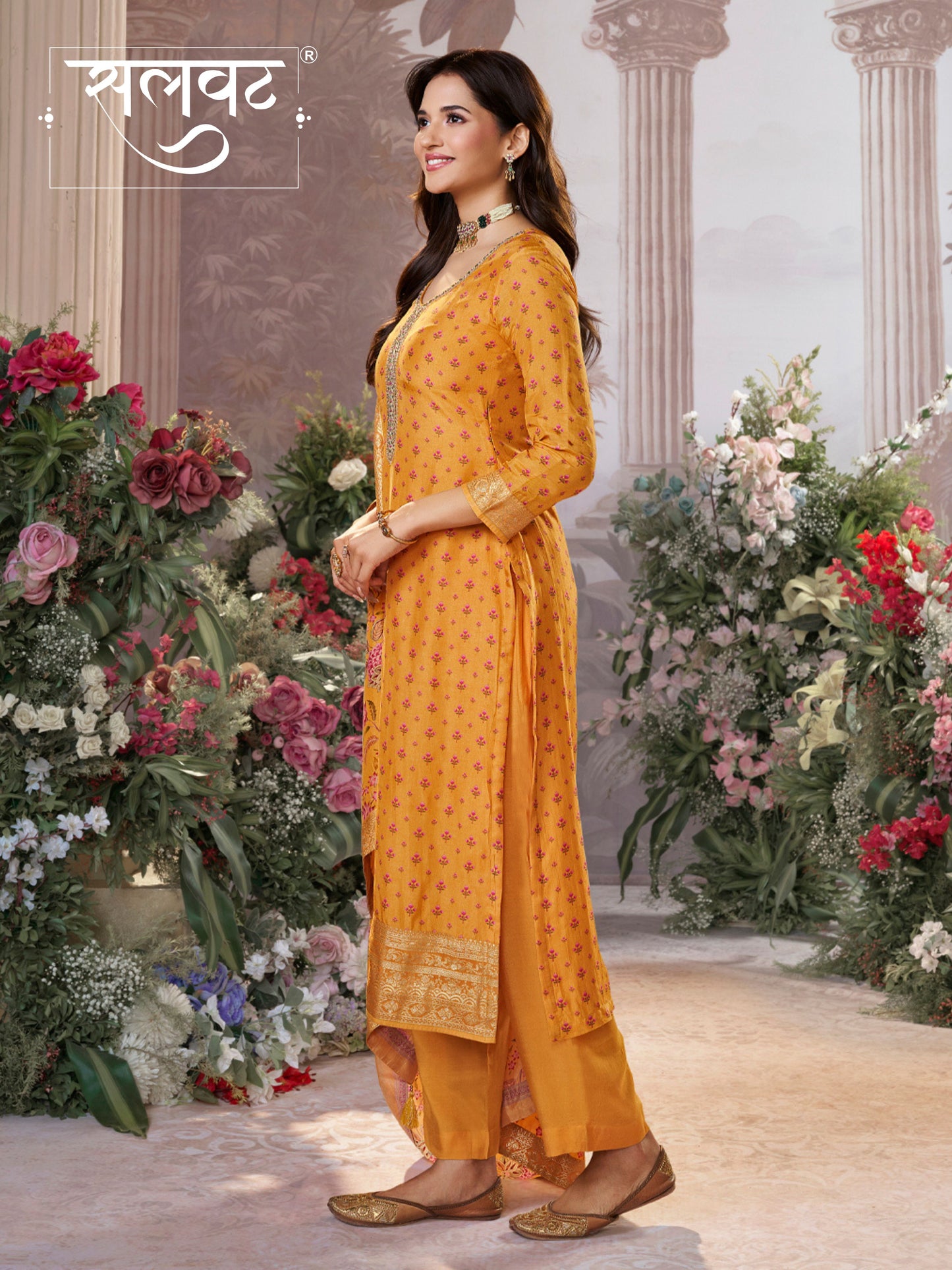 Yellow Russian Silk Kurta Set with Digital Print Work Paired with Russian Silk Digital Printed Duppatta