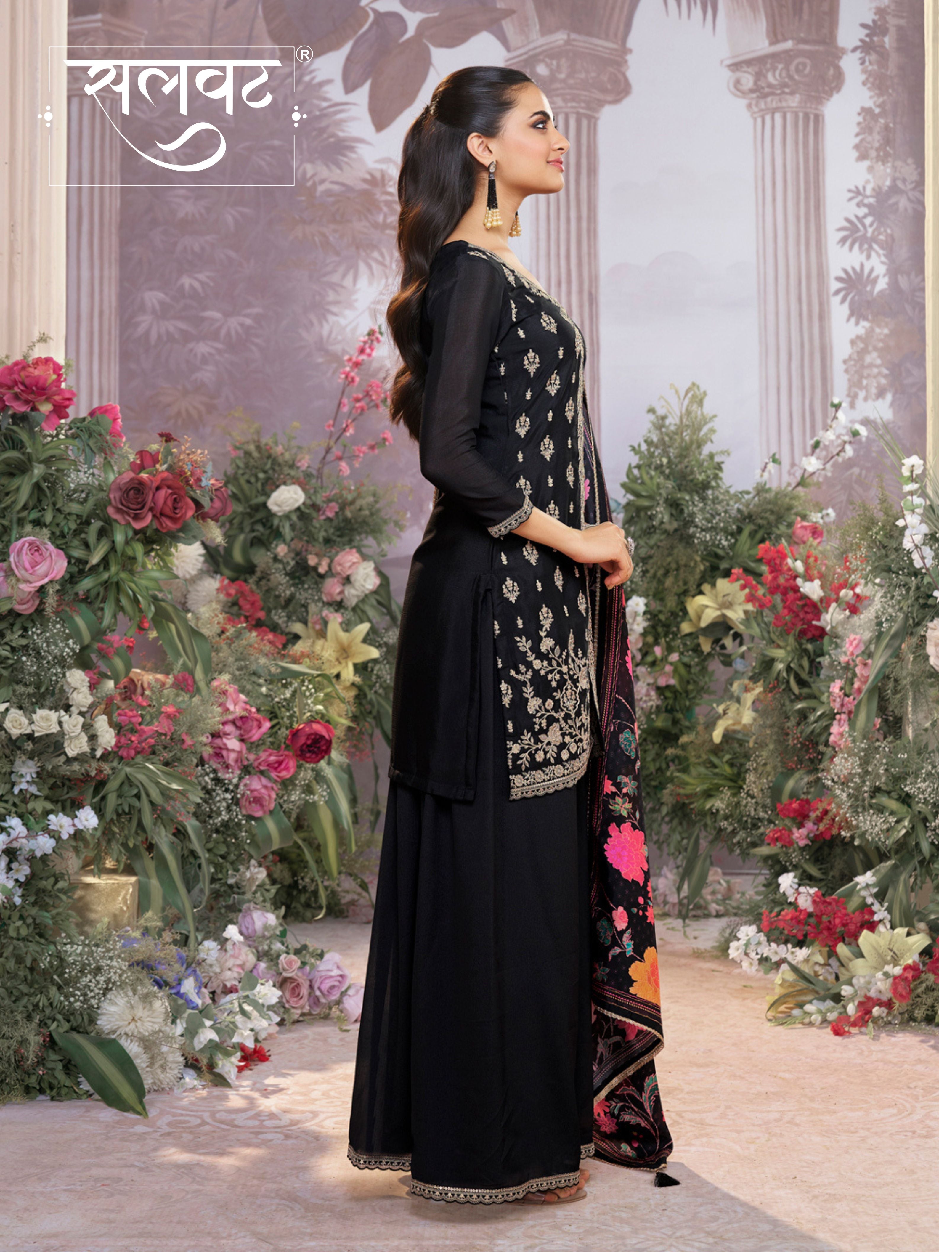 Black Chinon Kurta Set with Embroidered Work Paired with Digital Printed Dola Silk Dupatta