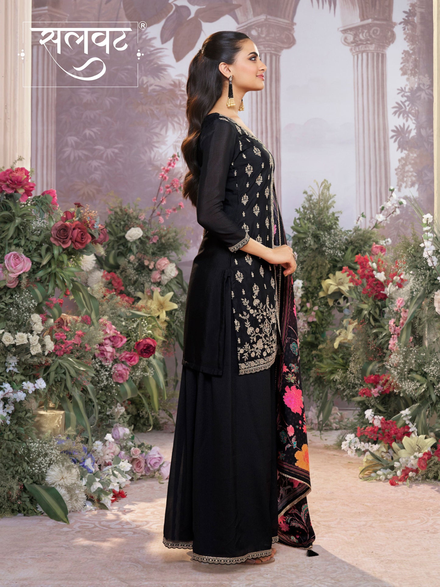 Black Chinon Kurta Set with Embroidered Work Paired with Digital Printed Dola Silk Dupatta