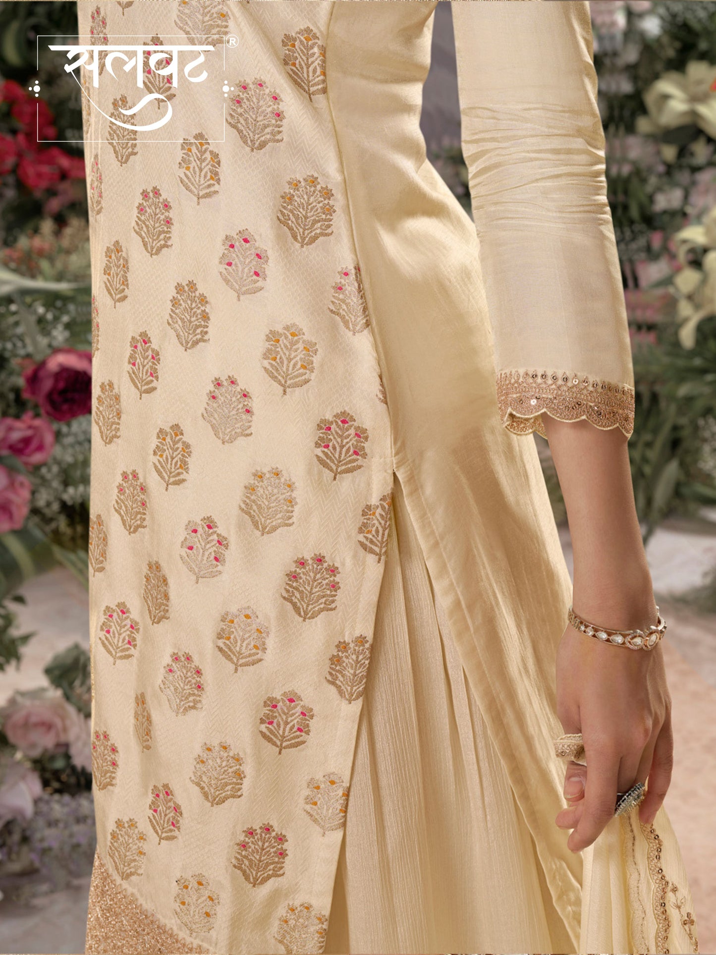 White Dola Silk Meena Jacquard Kurta Set Paired With Embroidered Sharara Suit Set