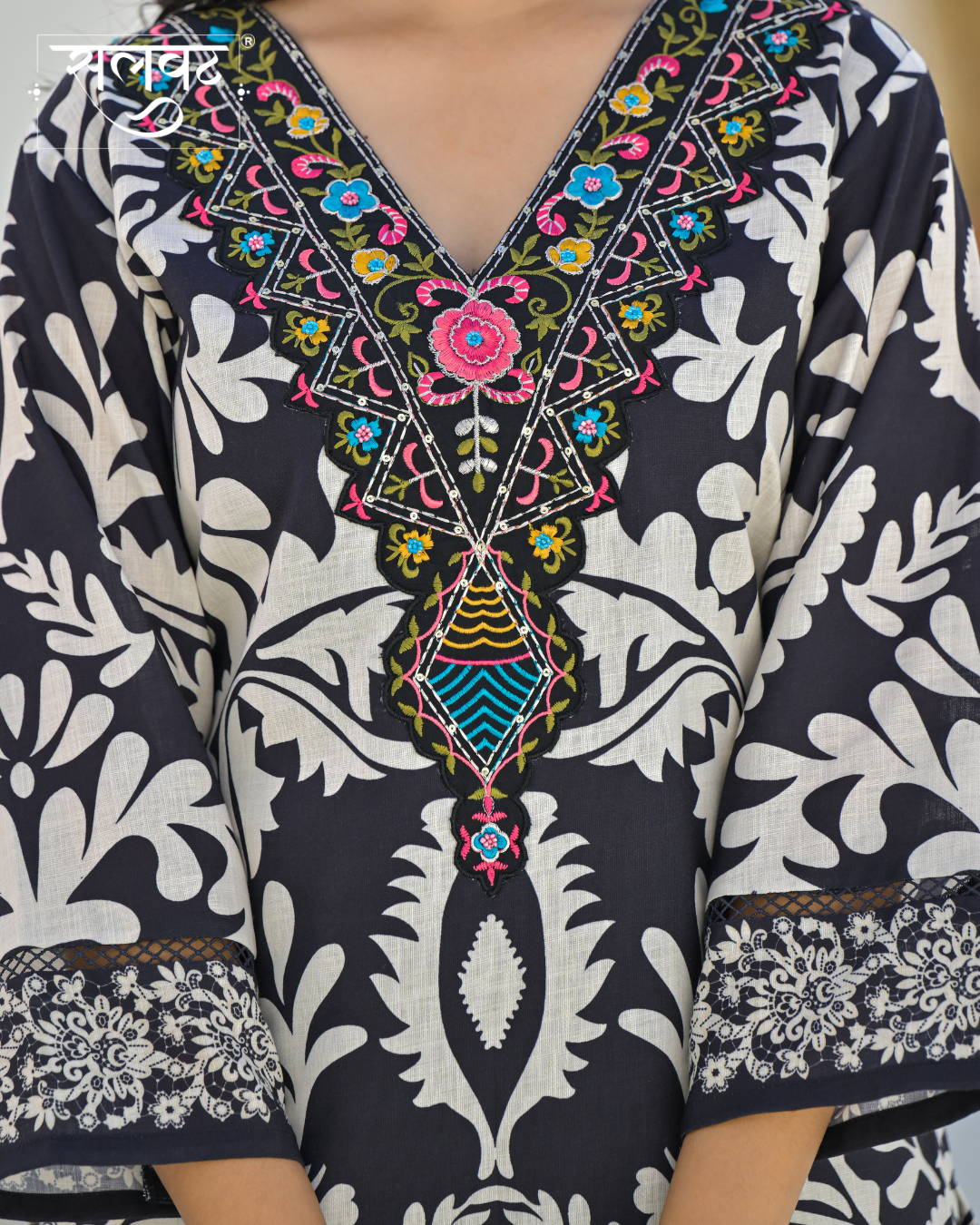 Black & White With Multicolour Embroidered Handwork Kurta Set With Printed Dupatta