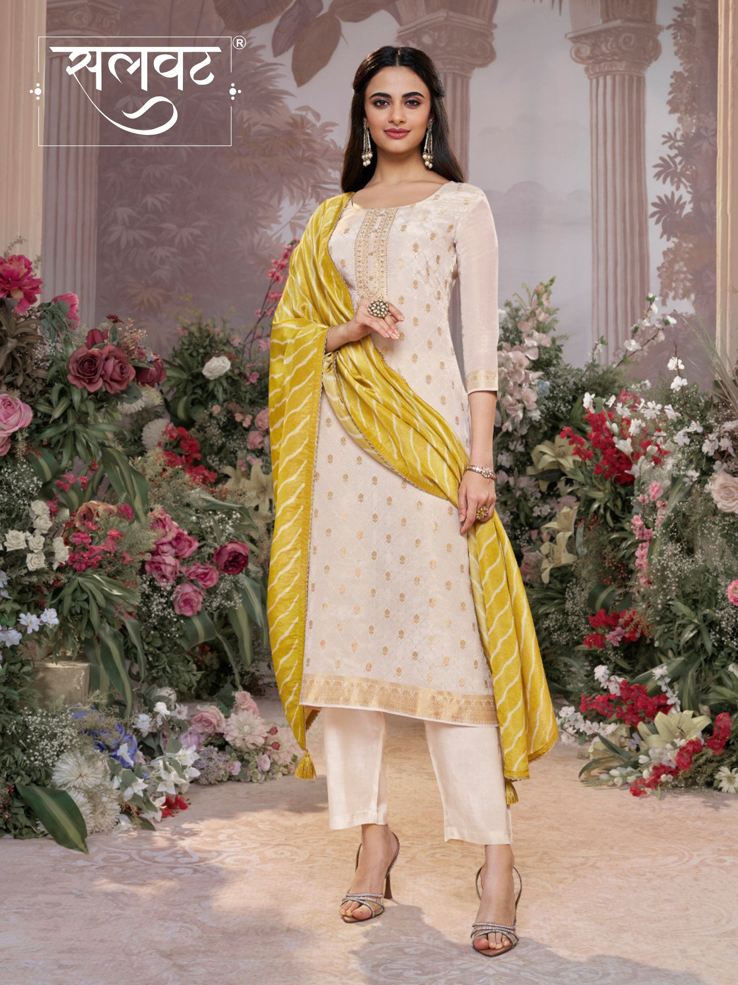 Cream Tissue Jacquard Kurta Set with Yellow Contrast Digital Print Dupatta