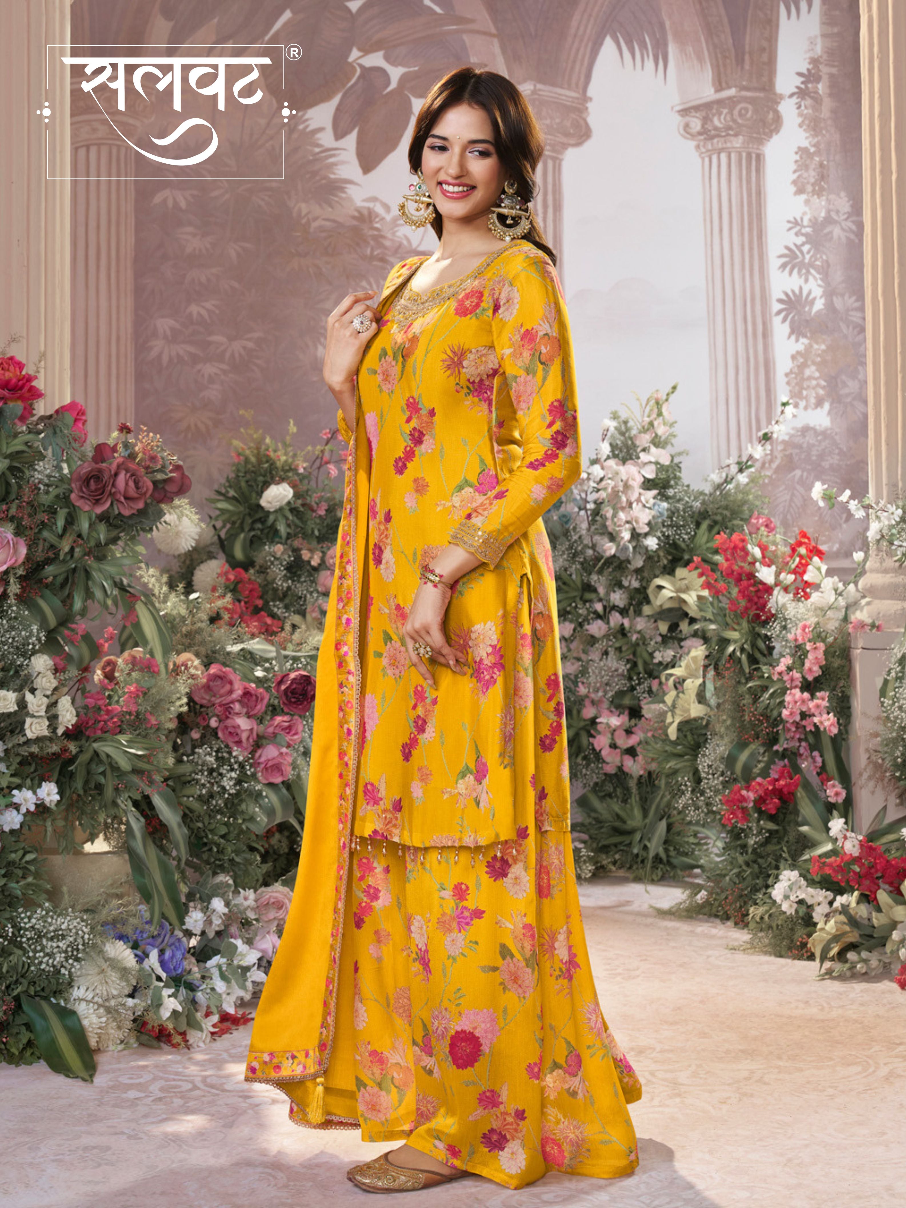 Yellow Chinon Sharara Set with Floral Print and Embroidery