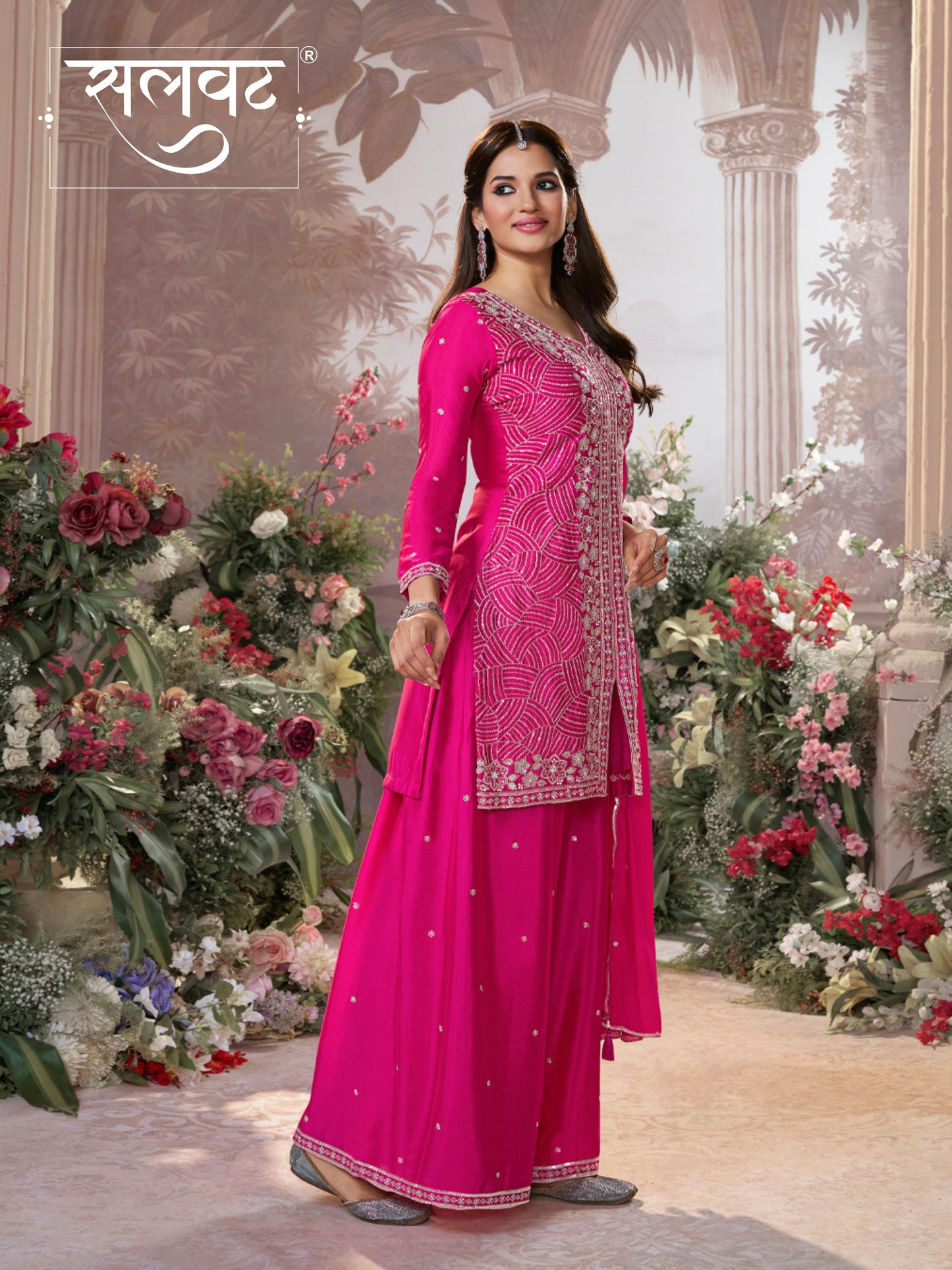 Pink Chinon Embroidered Sharara Suit with Butti Work and Sequins Scalloped Border Dupatta