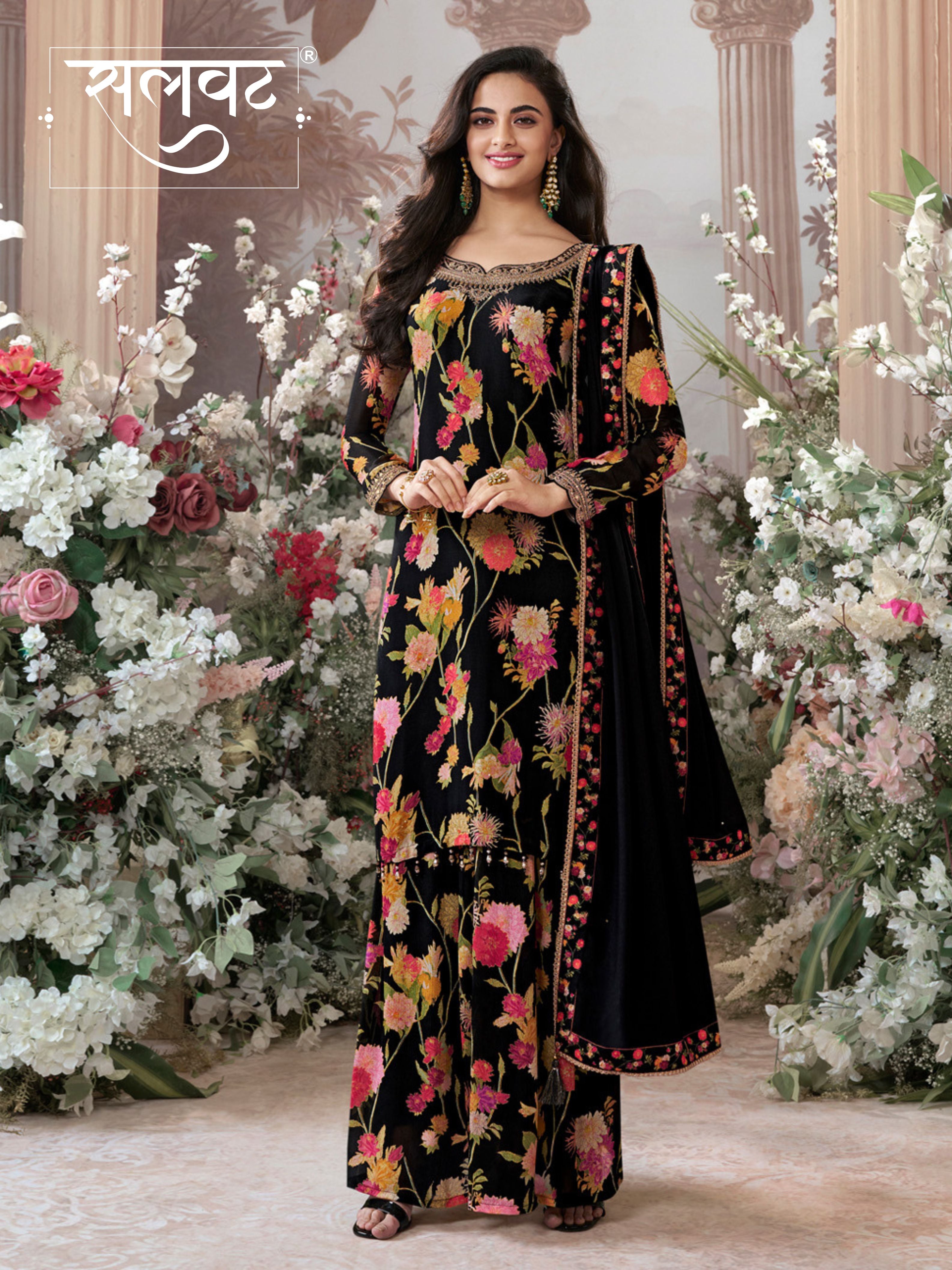 Black Chinon Sharara Set with Floral Print and Embroidery