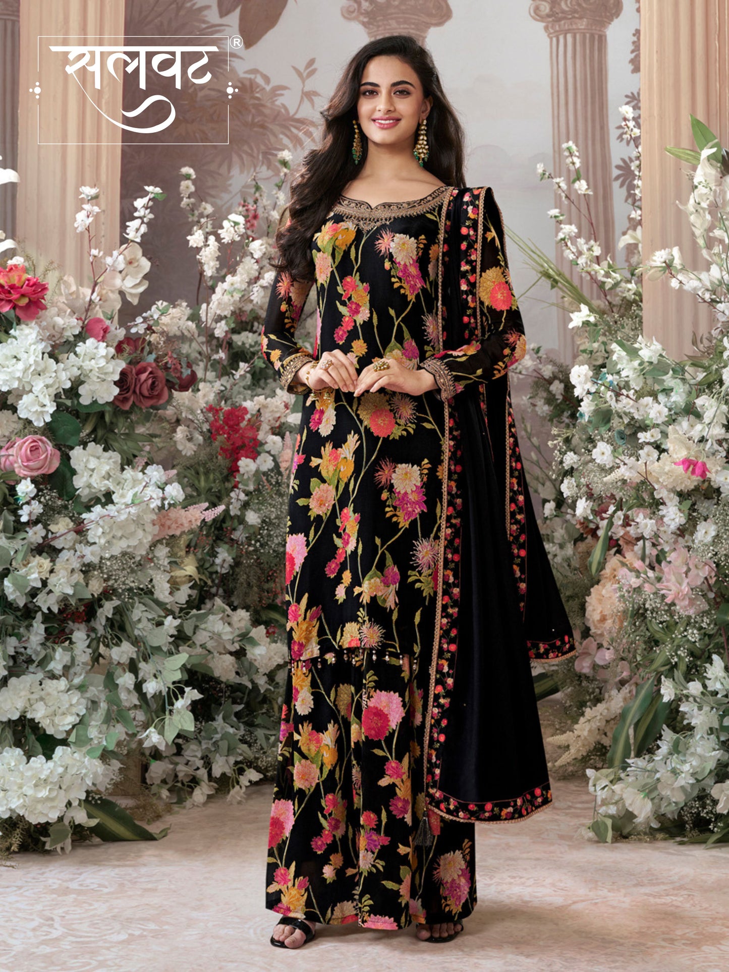 Black Chinon Sharara Set with Floral Print and Embroidery