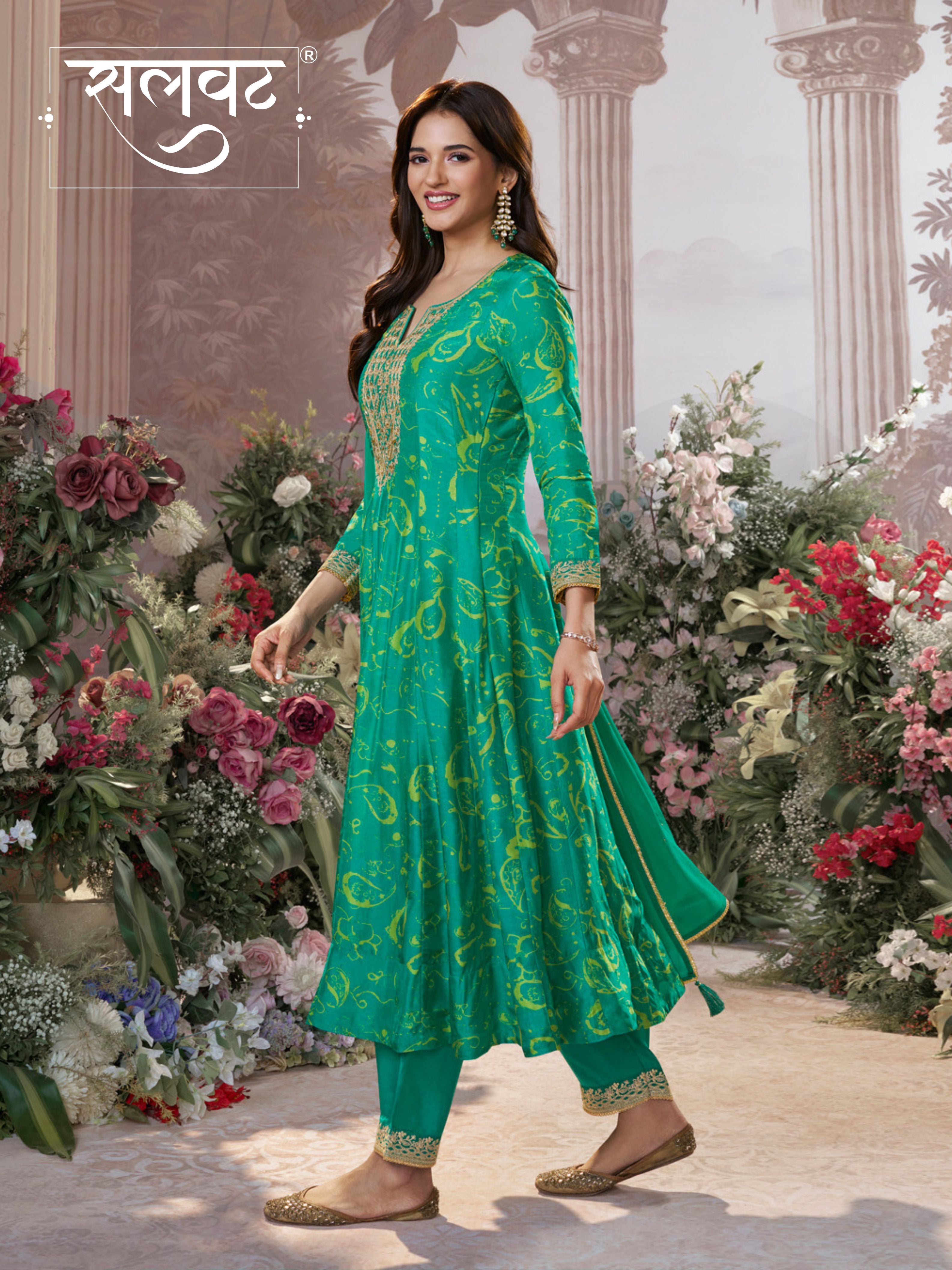 Green Digital Printed Mirror Embroidered Anarkali Suit Set
