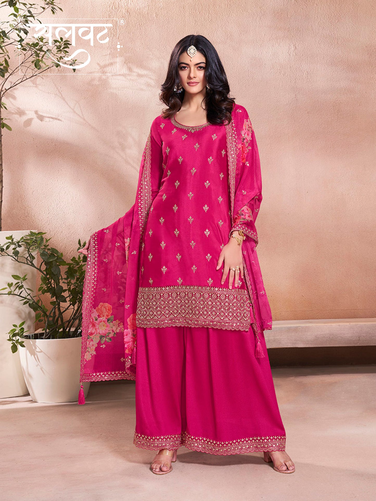 Pink Butti Floral pattern Sequins Embroidered Sharara Suit Set
