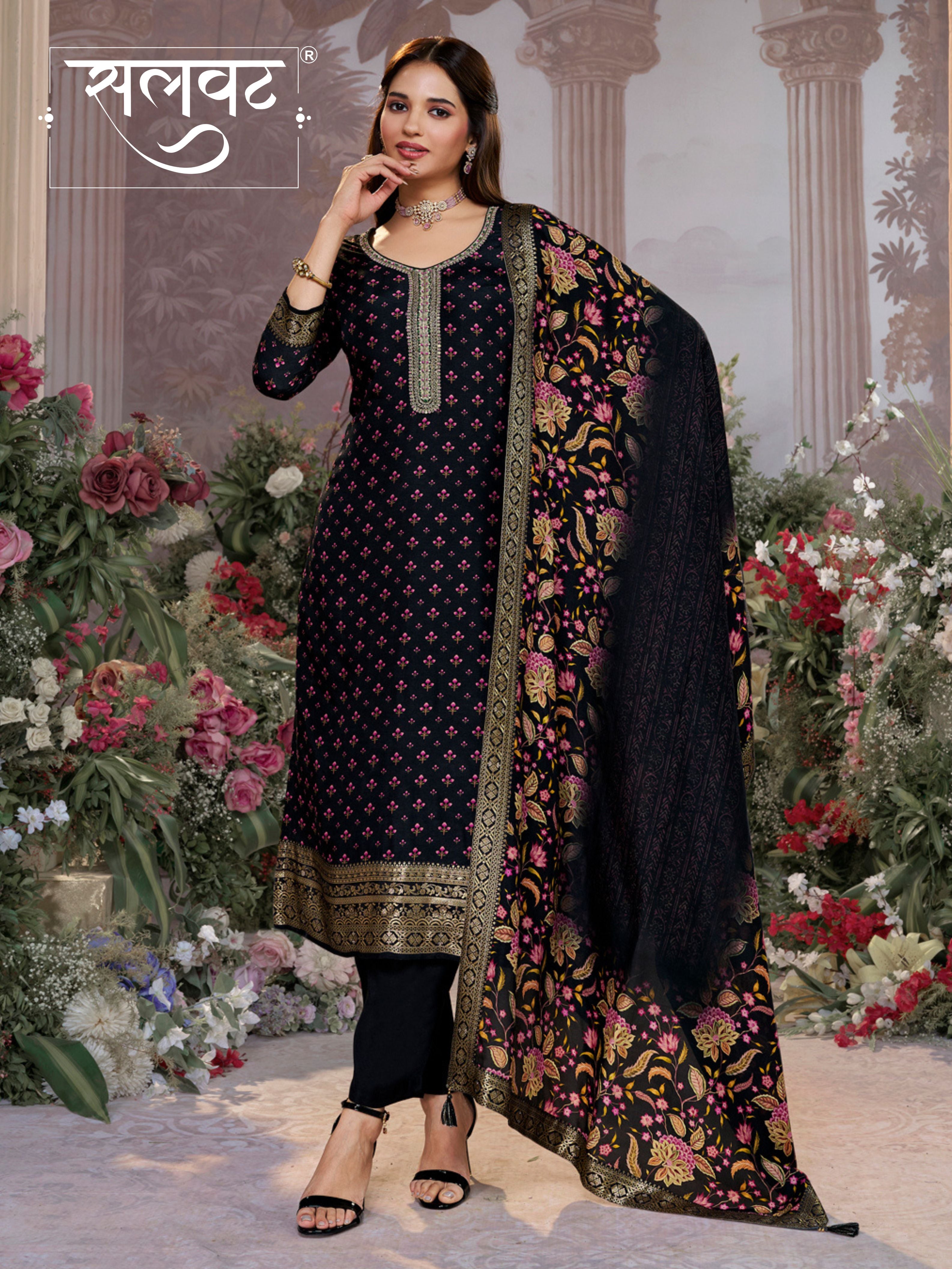 Black Russian Silk Kurta Set with Digital Print Work Paired with Russian Silk Digital Printed Duppatta