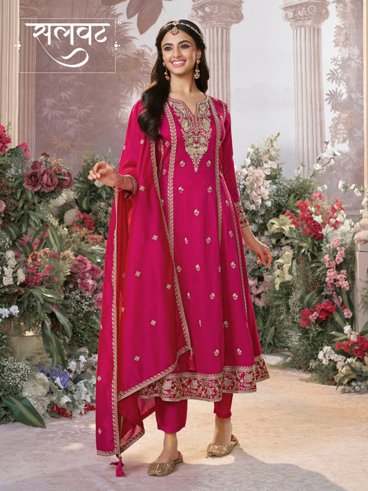 Hot Pink Vichitra Silk Kurta Suit Set with Embroidered Work Paired with Vichitra Silk Dupatta with Embroidered Work