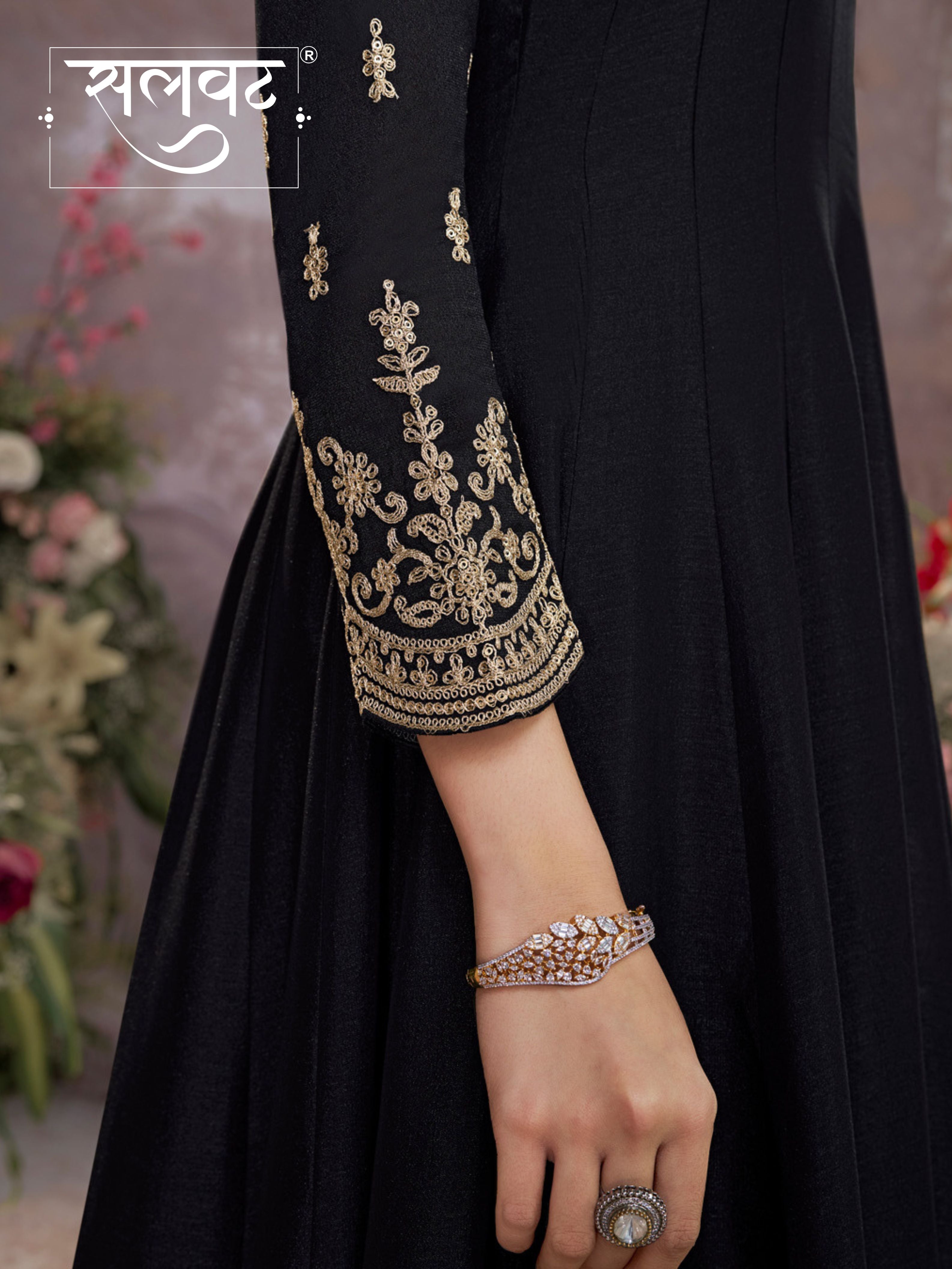 Black Vichitra Silk Embroidered Anarkali Set with Digital Printed Chiffon Dupatta