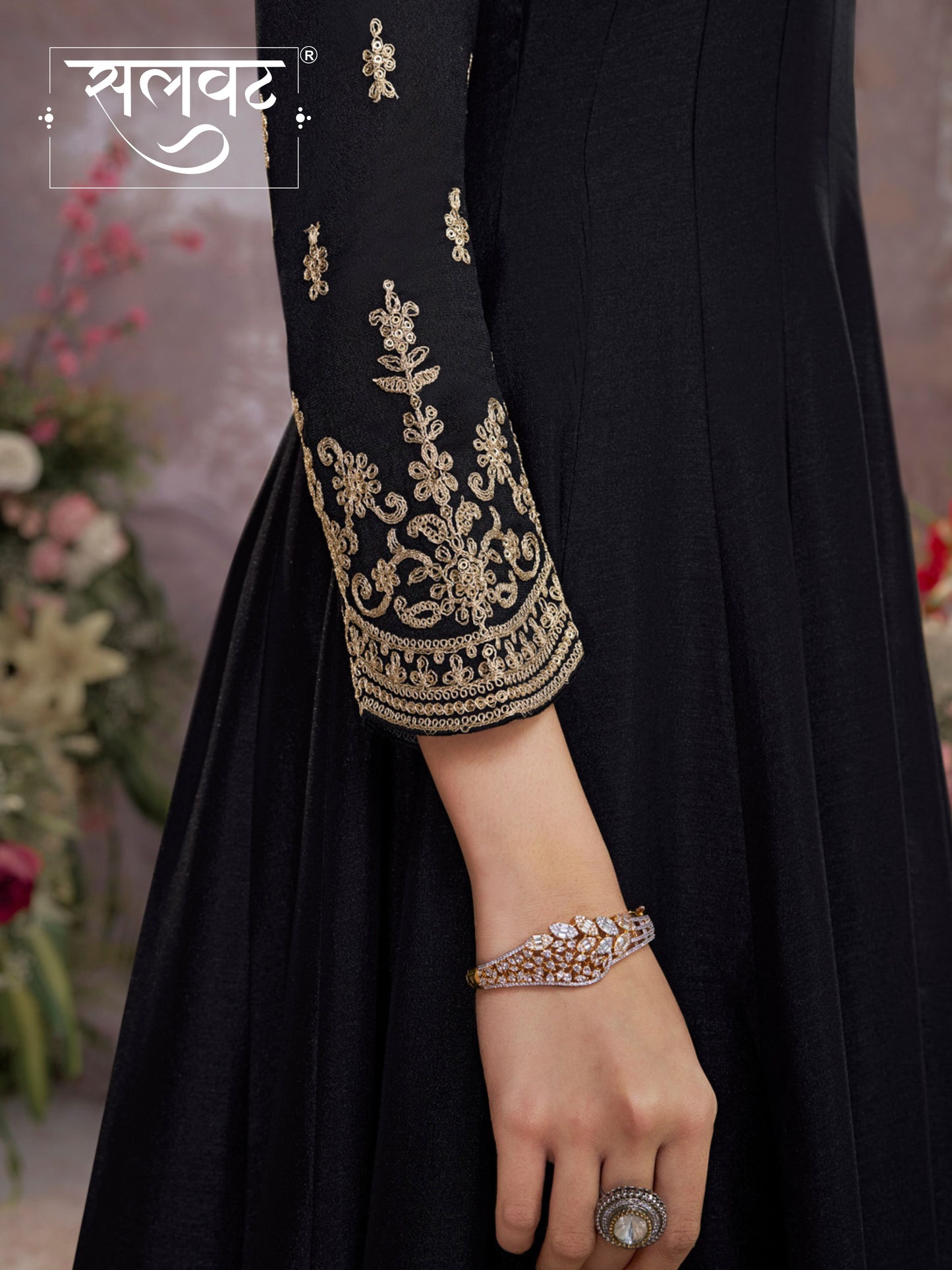 Black Vichitra Silk Embroidered Anarkali Set with Digital Printed Chiffon Dupatta