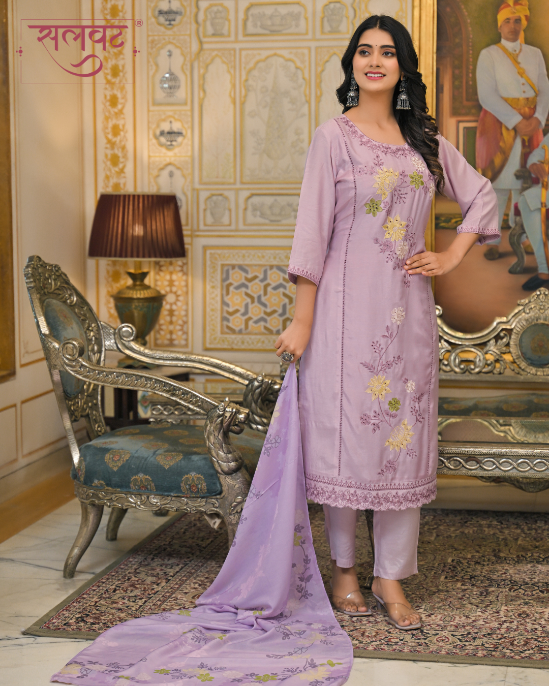Periwinkle Lilac Embroidered Kurta Set With Printed Dupatta