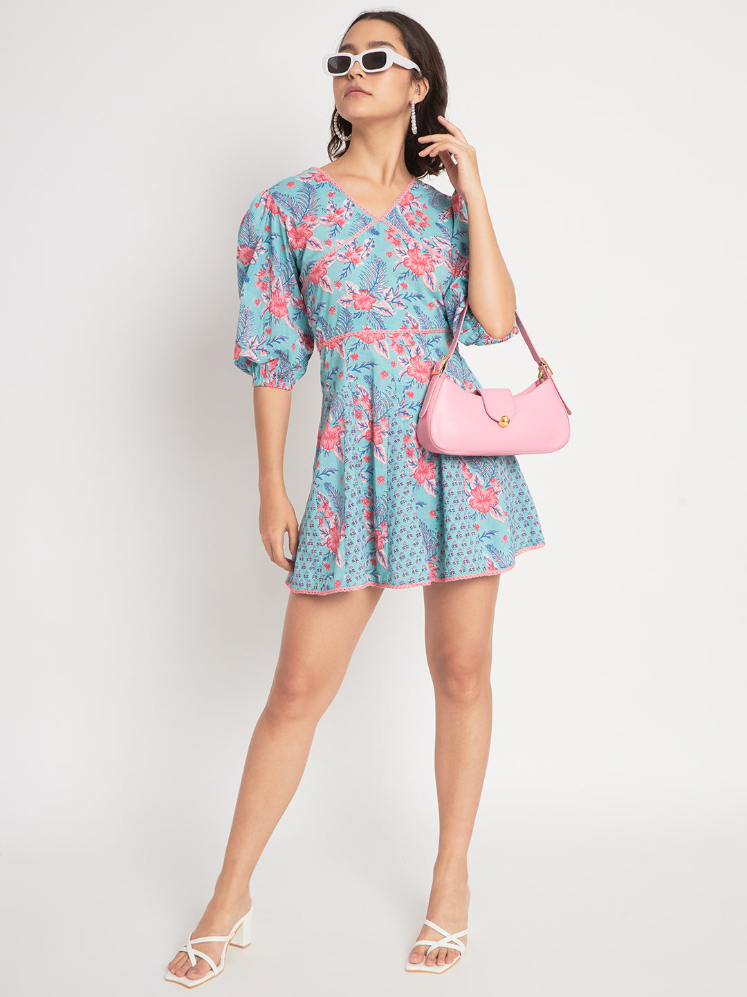 Tame Teal and Cherry Blossom Short Dress
