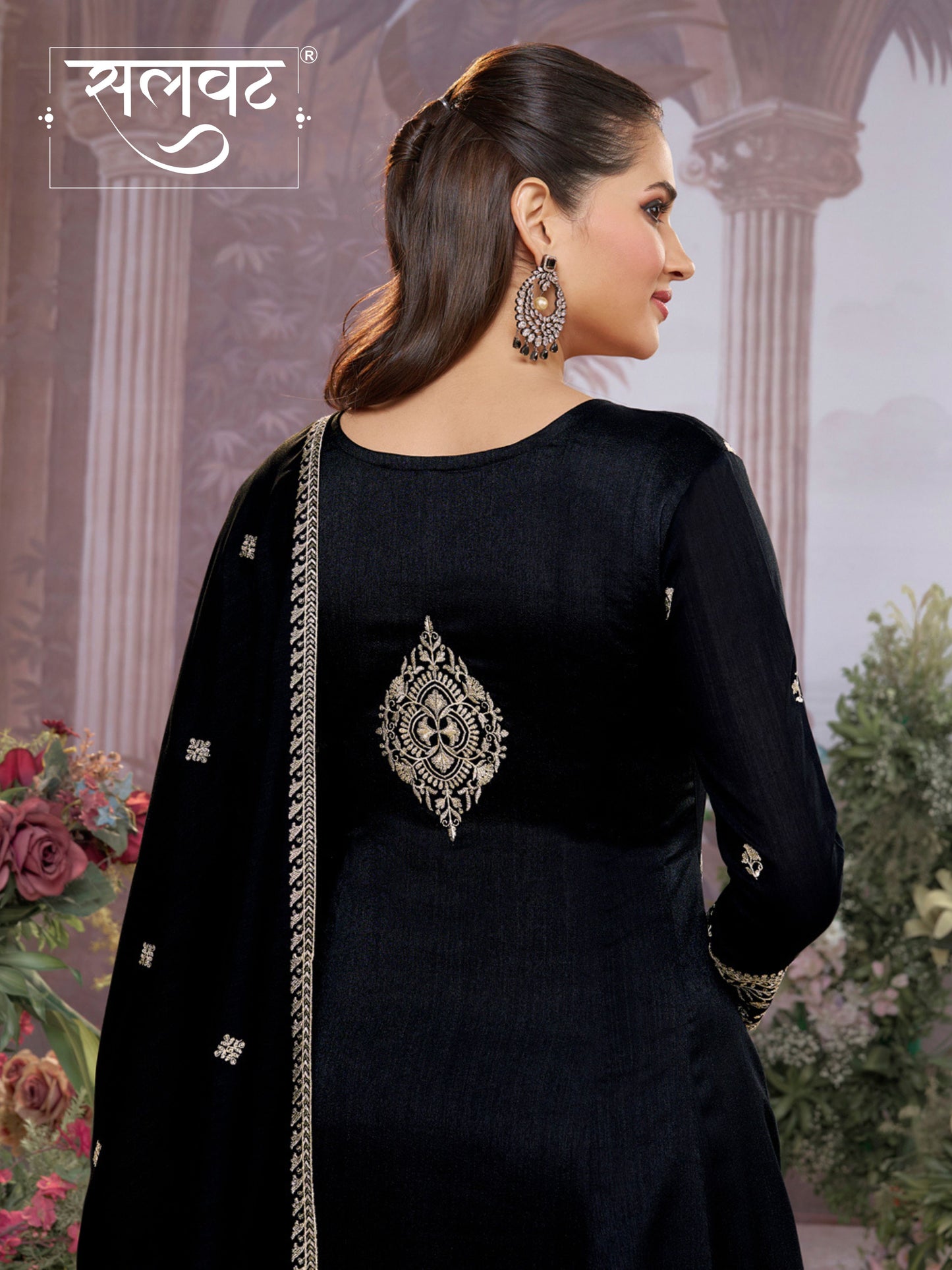 Black Vichitra Silk Kurta Suit Set with Embroidered Work Paired with Vichitra Silk Dupatta with Embroidered Work