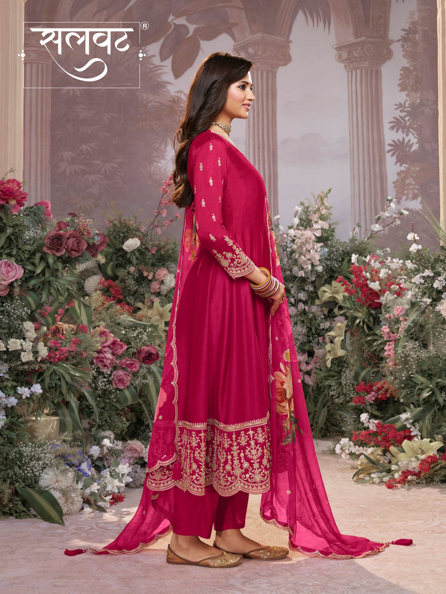 Pink Vichitra Silk Embroidered Anarkali Set with Digital Printed Chiffon Dupatta