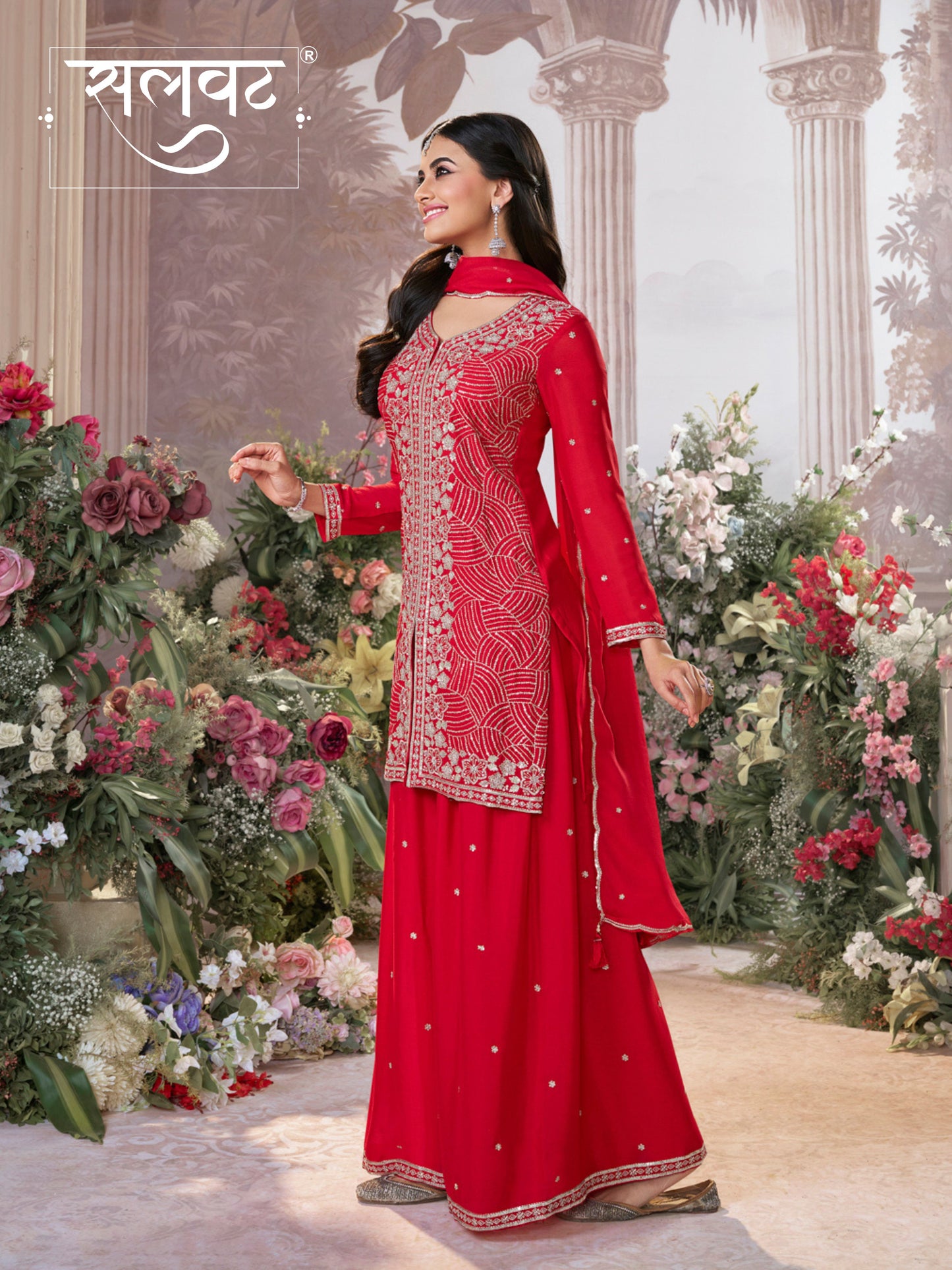 Red Chinon Embroidered Sharara Suit with Butti Work and Sequins Scalloped Border Dupatta
