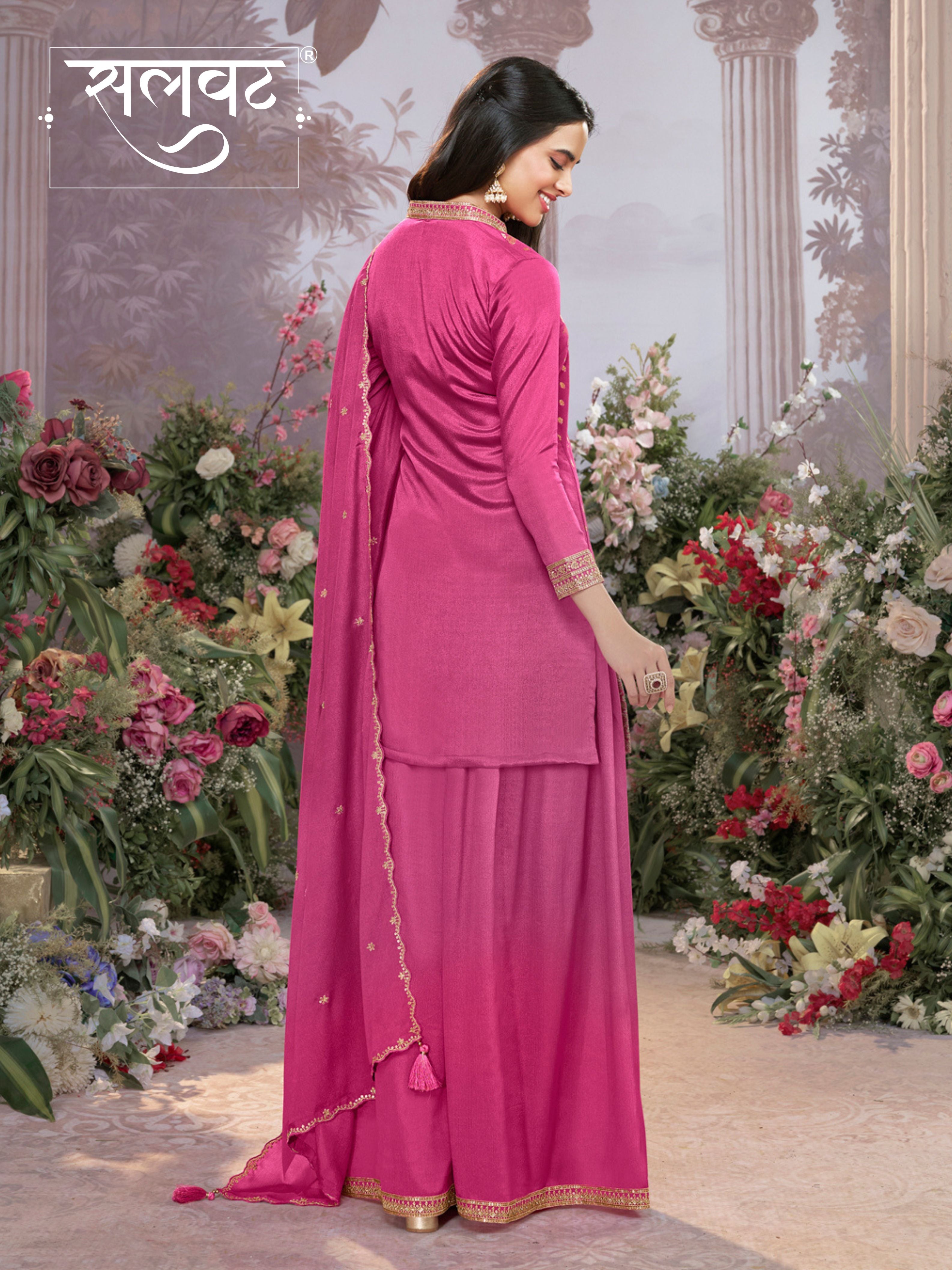 Pink Chinon Kurta Set with Heavy Jacquard Work Paired with Chinon Dupatta with Embroidered Work.