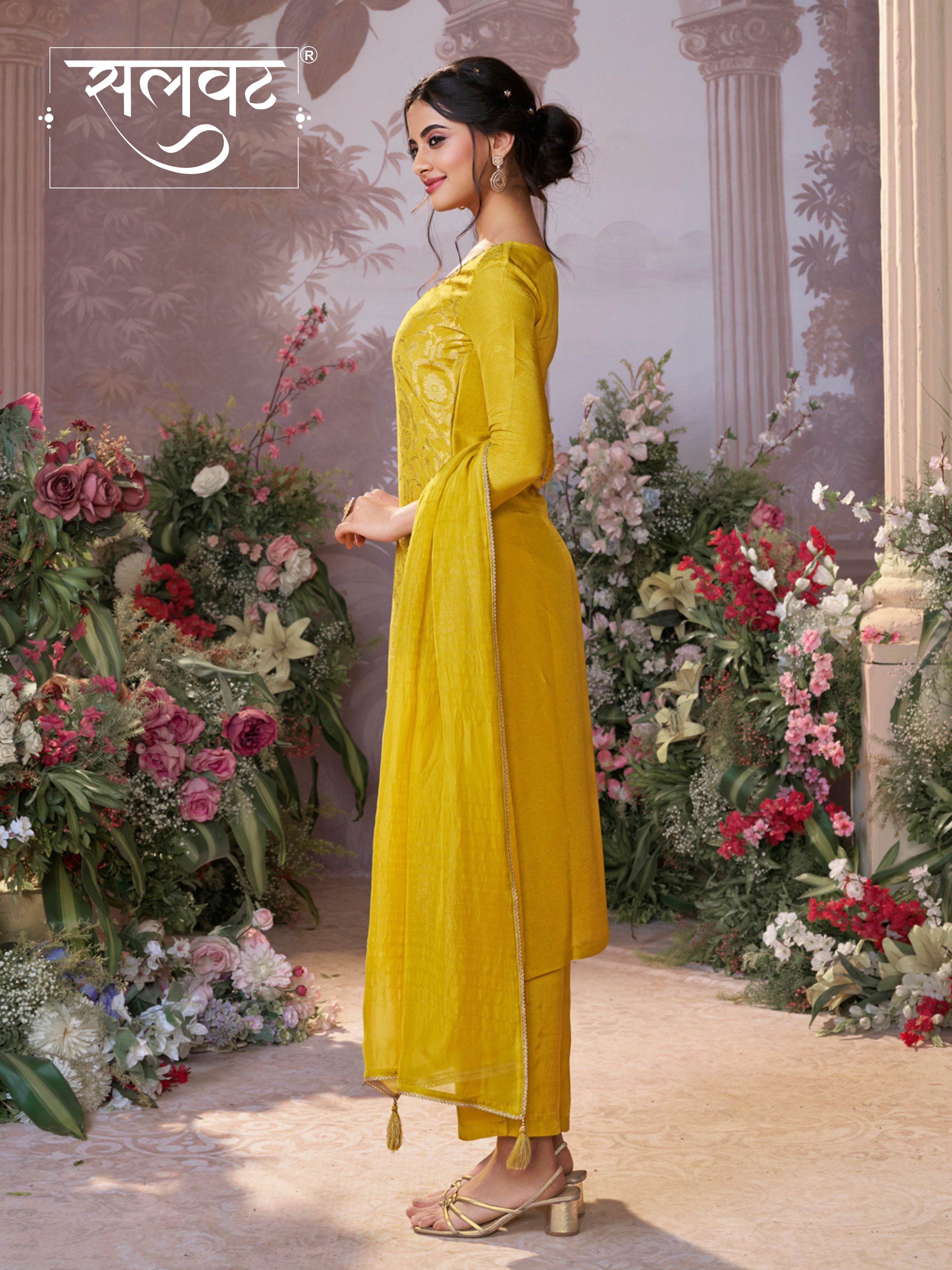 Yellow Chinon Kurta Set with Jacquard and Zari Work, Paired with an Organza Dupatta