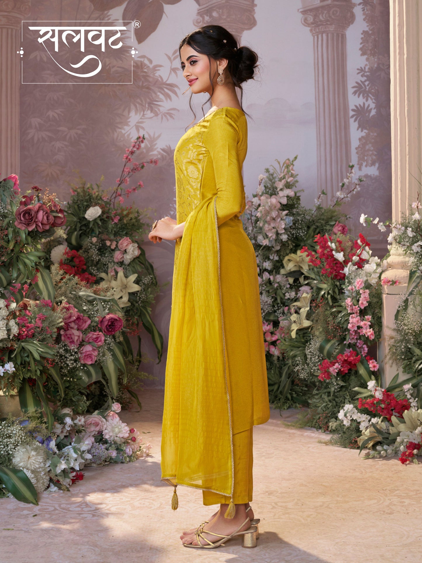 Yellow Chinon Kurta Set with Jacquard and Zari Work, Paired with an Organza Dupatta