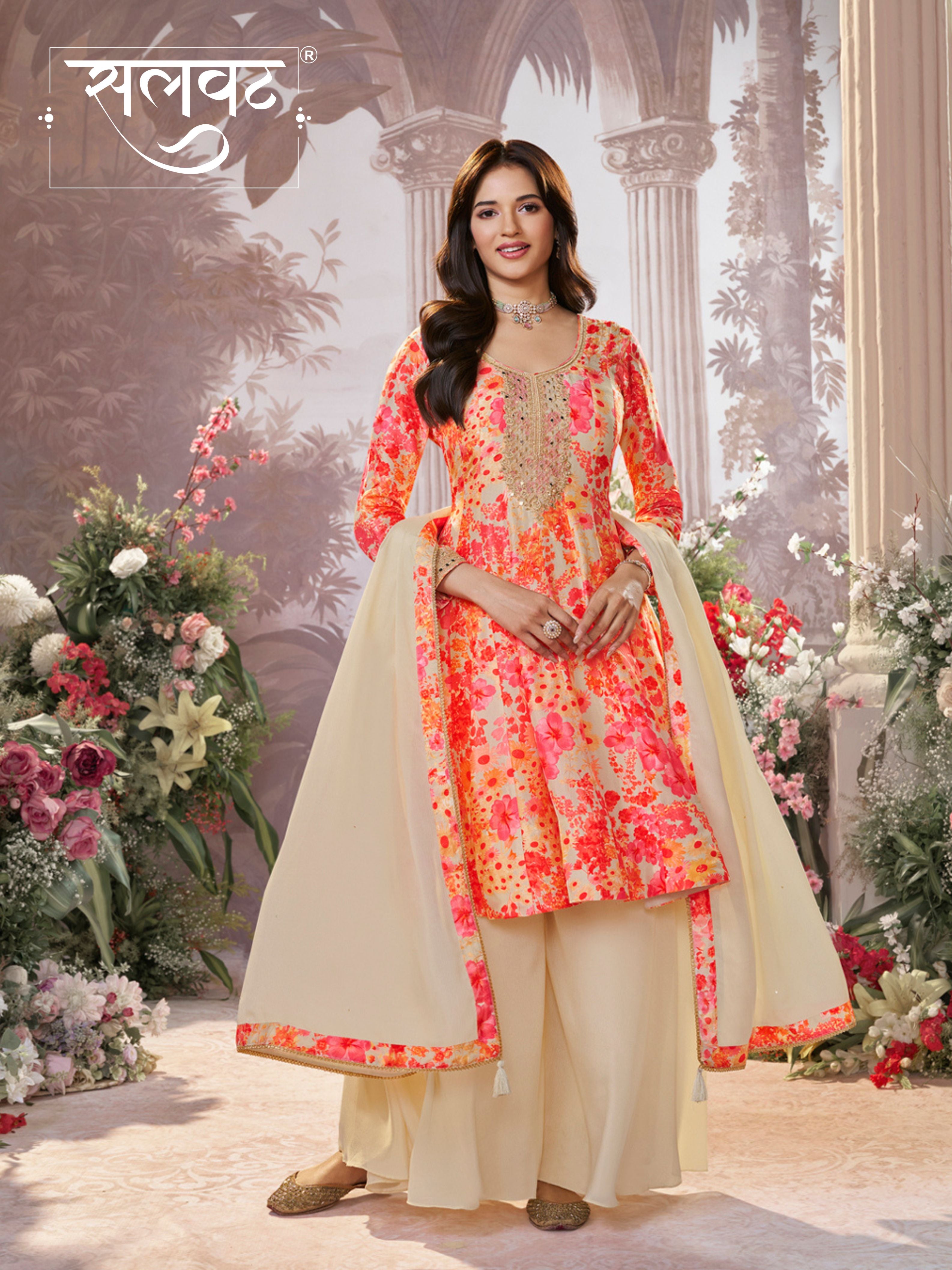 Off-White Russian Silk Mirror Work Sharara Set paired with Chinon Dupatta with Digital Printed Borders