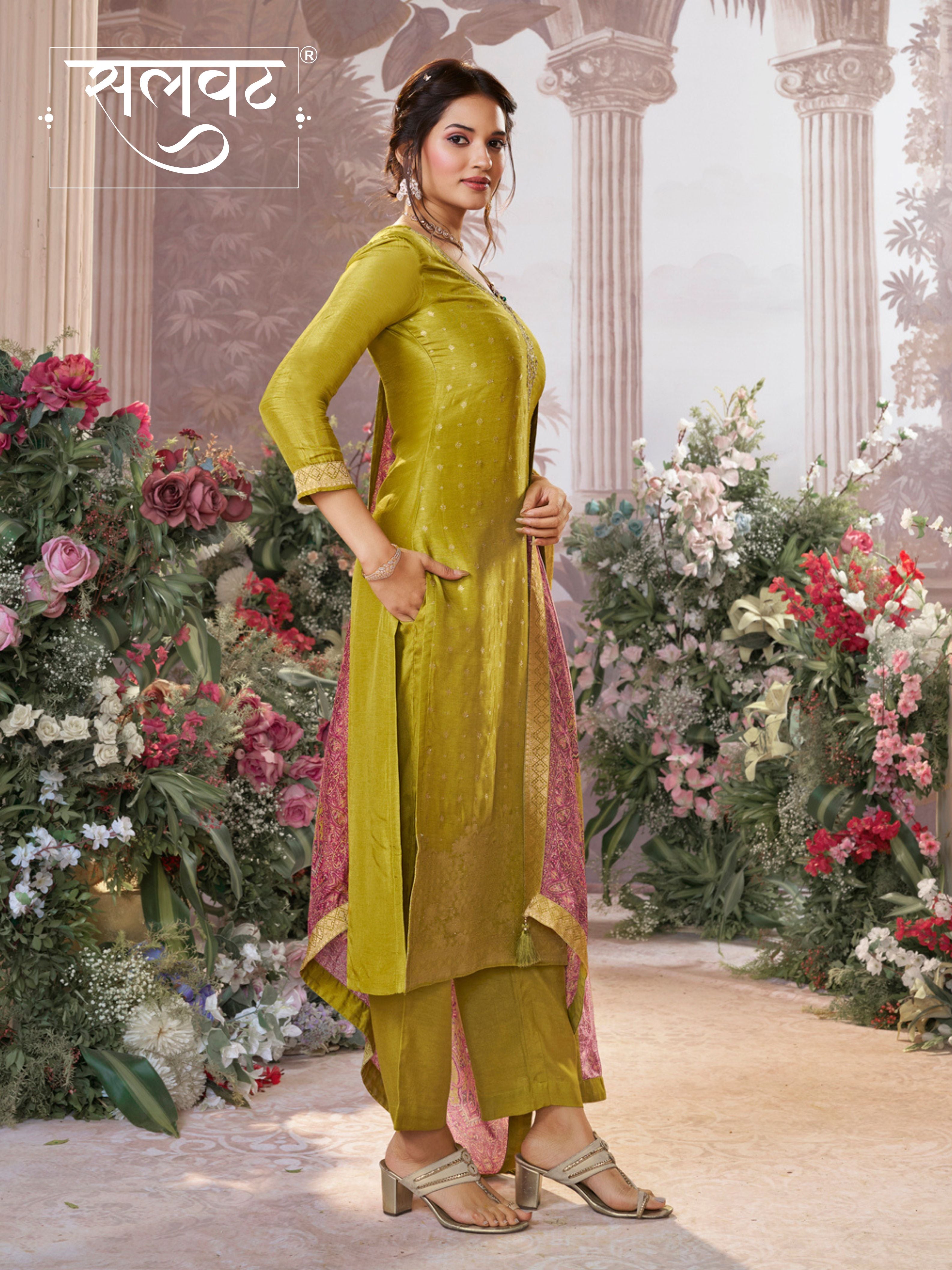 Yellow Dola Silk Kurta Set with Jacquard Detailing and Intricate Embroidery, Paired with a Cherry Silk Dupatta