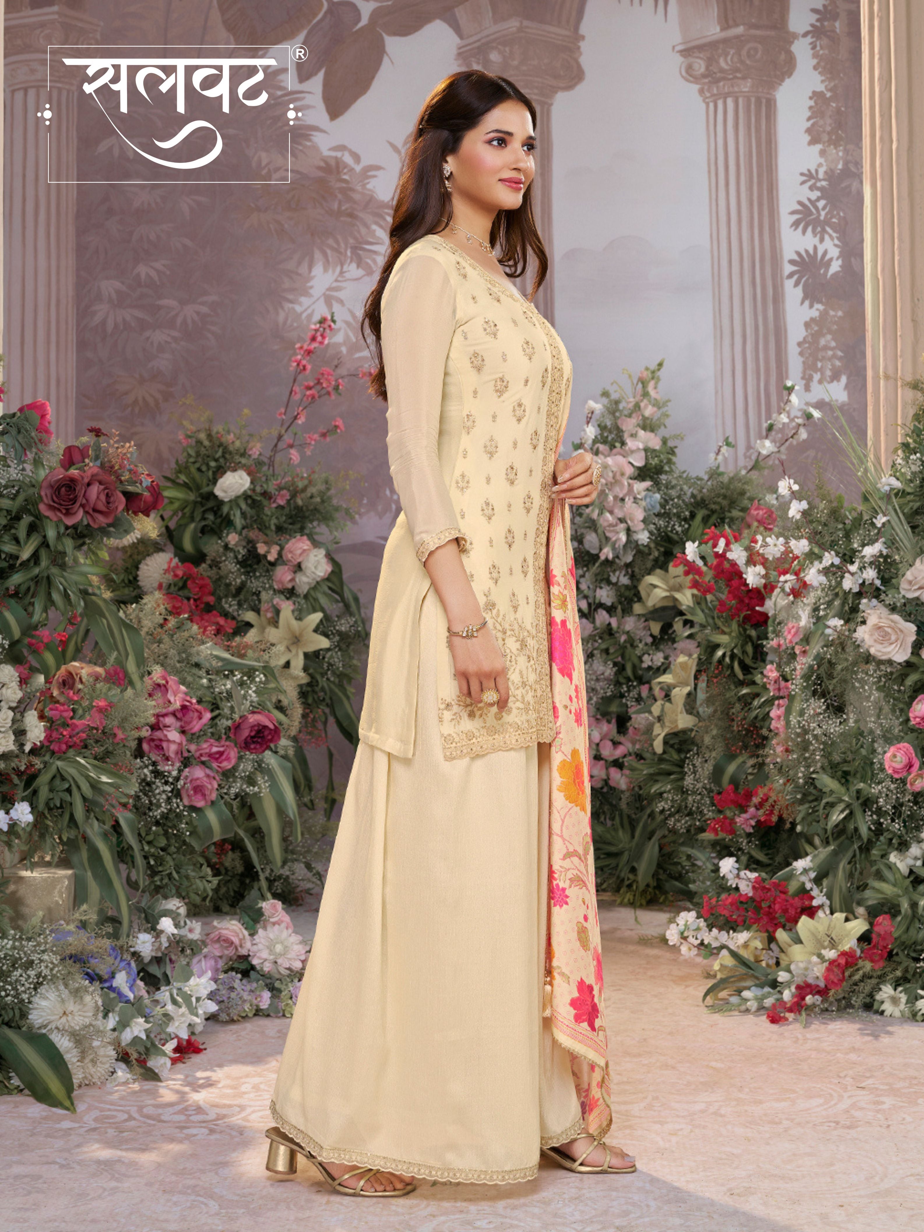 Off-White Chinon Kurta Set with Embroidered Work Paired with Digital Printed Dola Silk Dupatta