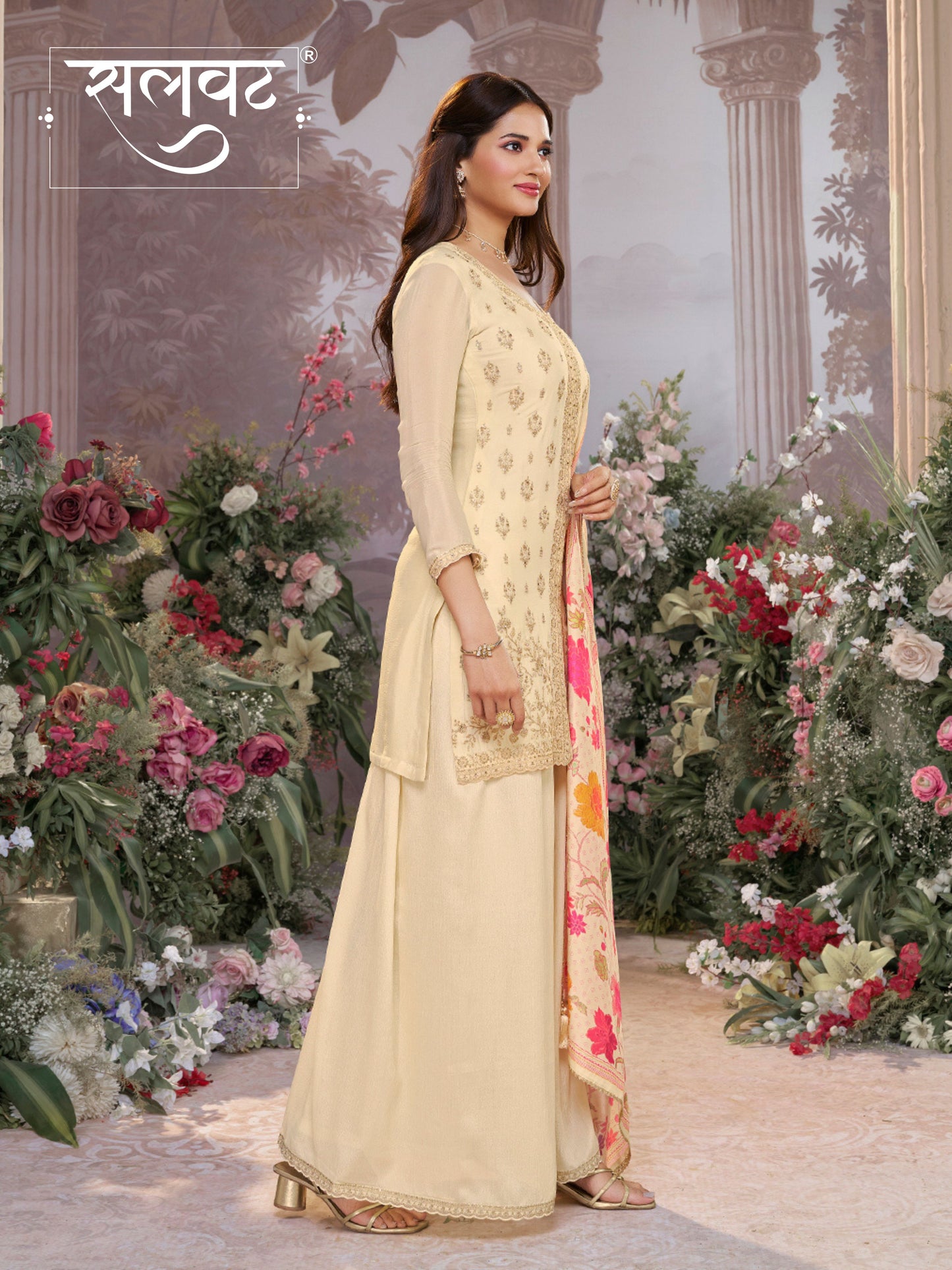 Off-White Chinon Kurta Set with Embroidered Work Paired with Digital Printed Dola Silk Dupatta