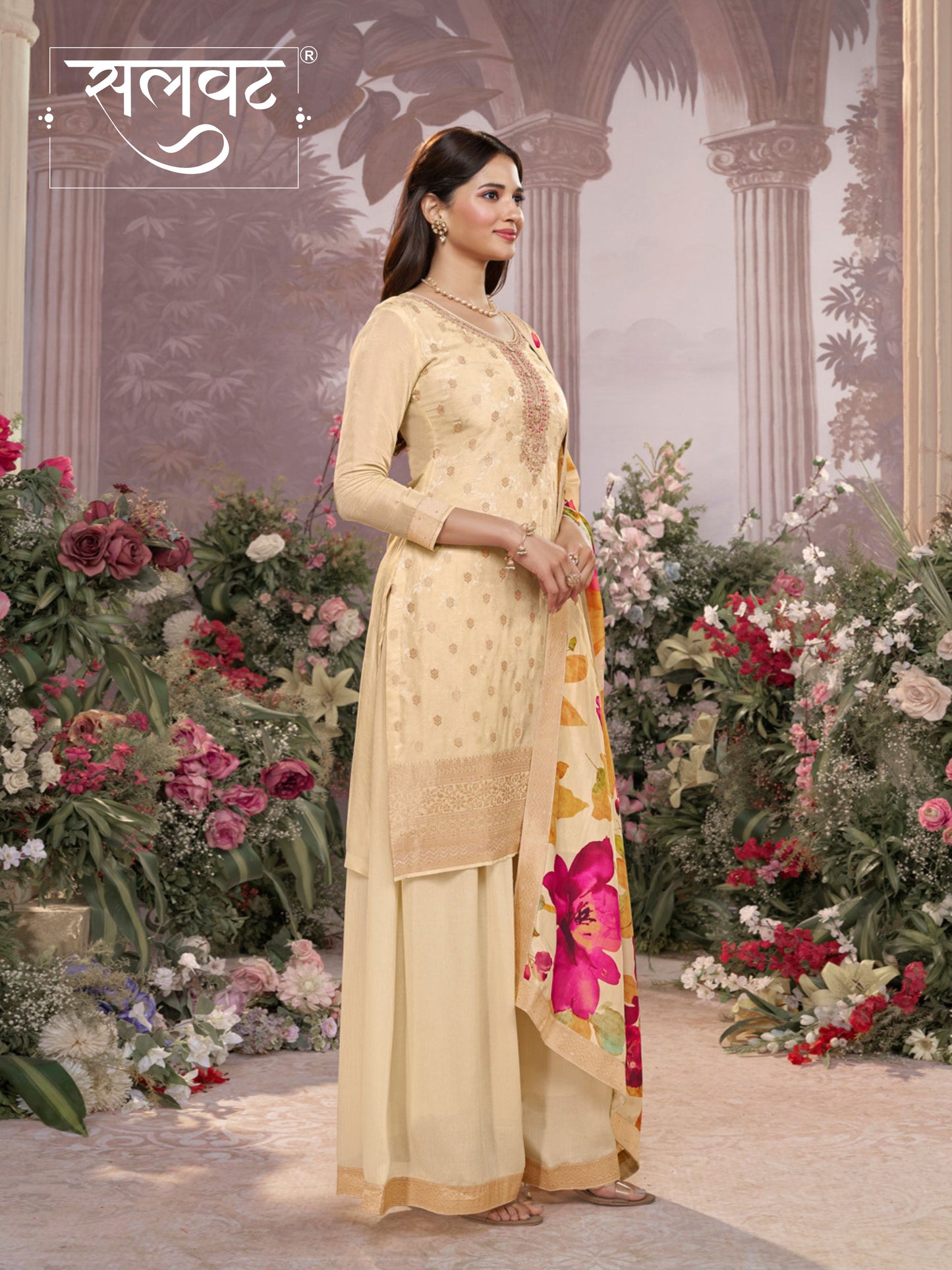 Off-White Dola Silk Jacquard & Embroidery Kurta Set with Digital Print Dola Silk Dupatta