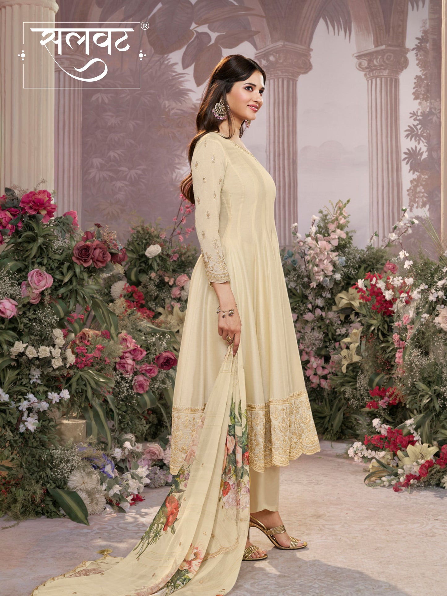 Off-White Vichitra Silk Embroidered Anarkali Set with Digital Printed Chiffon Dupatta