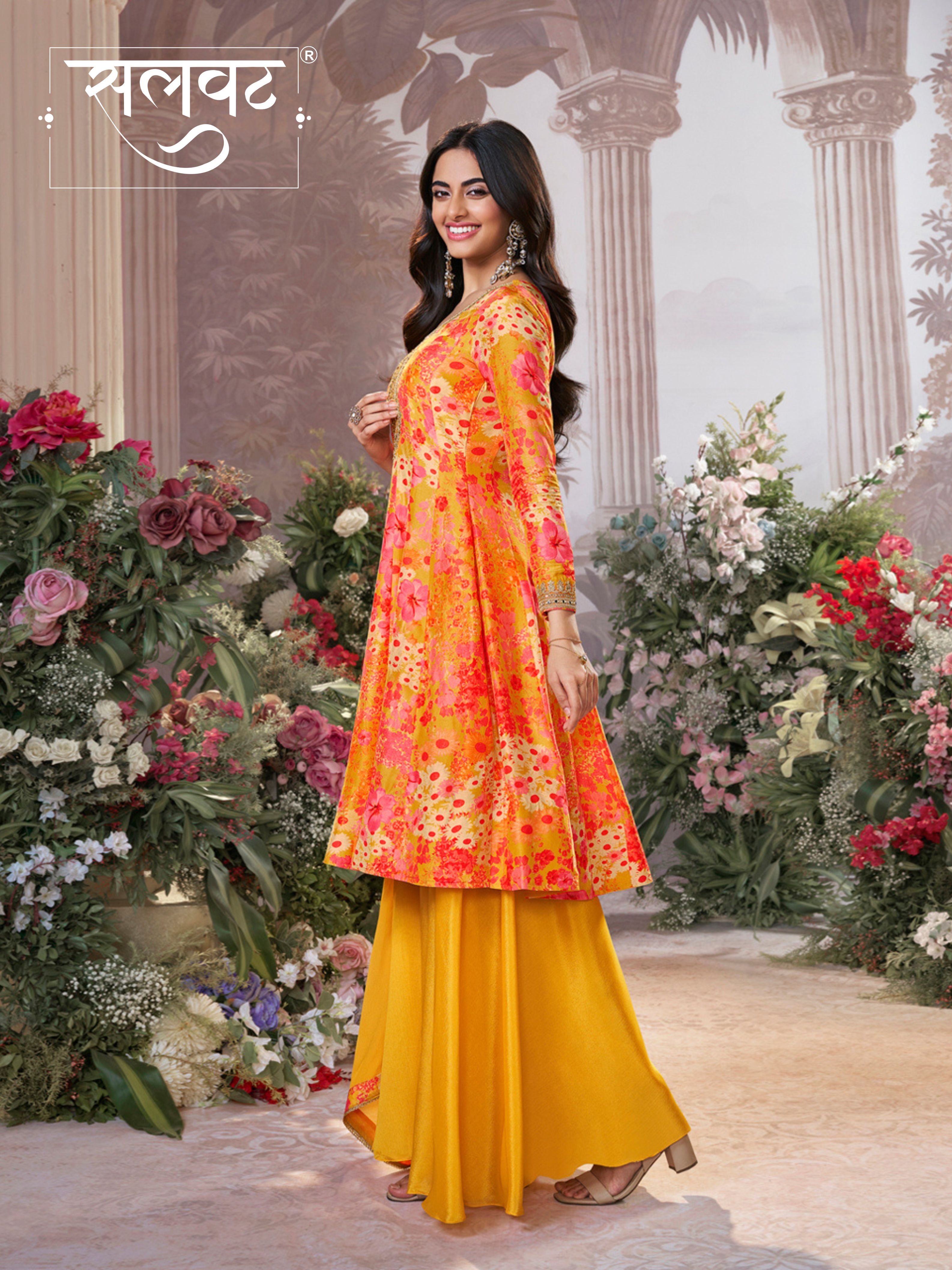 Mustard Russian Silk Mirror Work Sharara Set paired with Chinon Dupatta with Digital Printed Borders