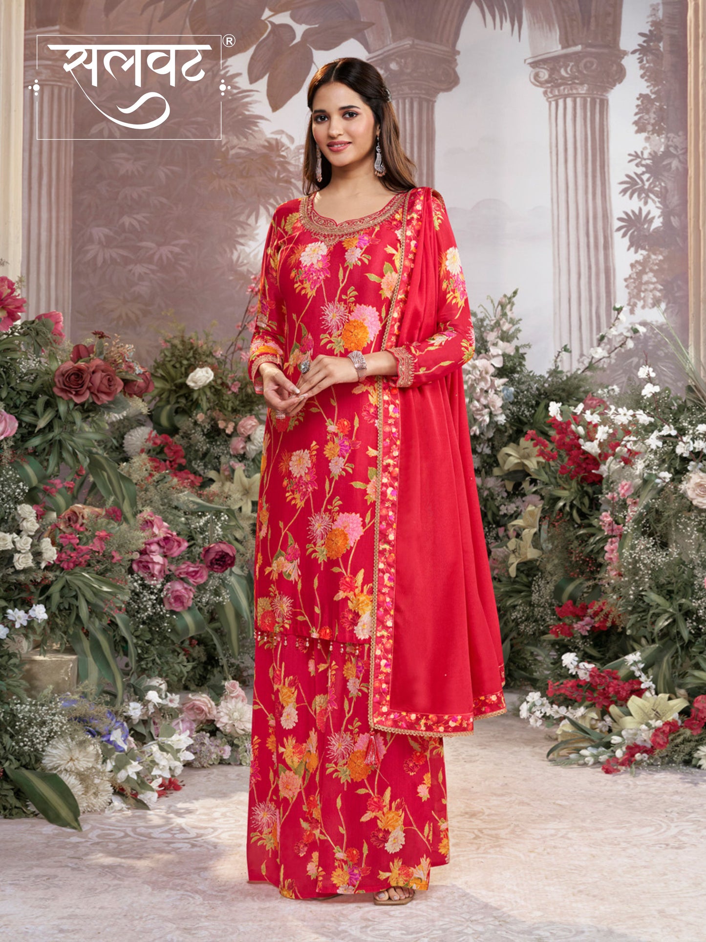 Red Chinon Sharara Set with Floral Print and Embroidery
