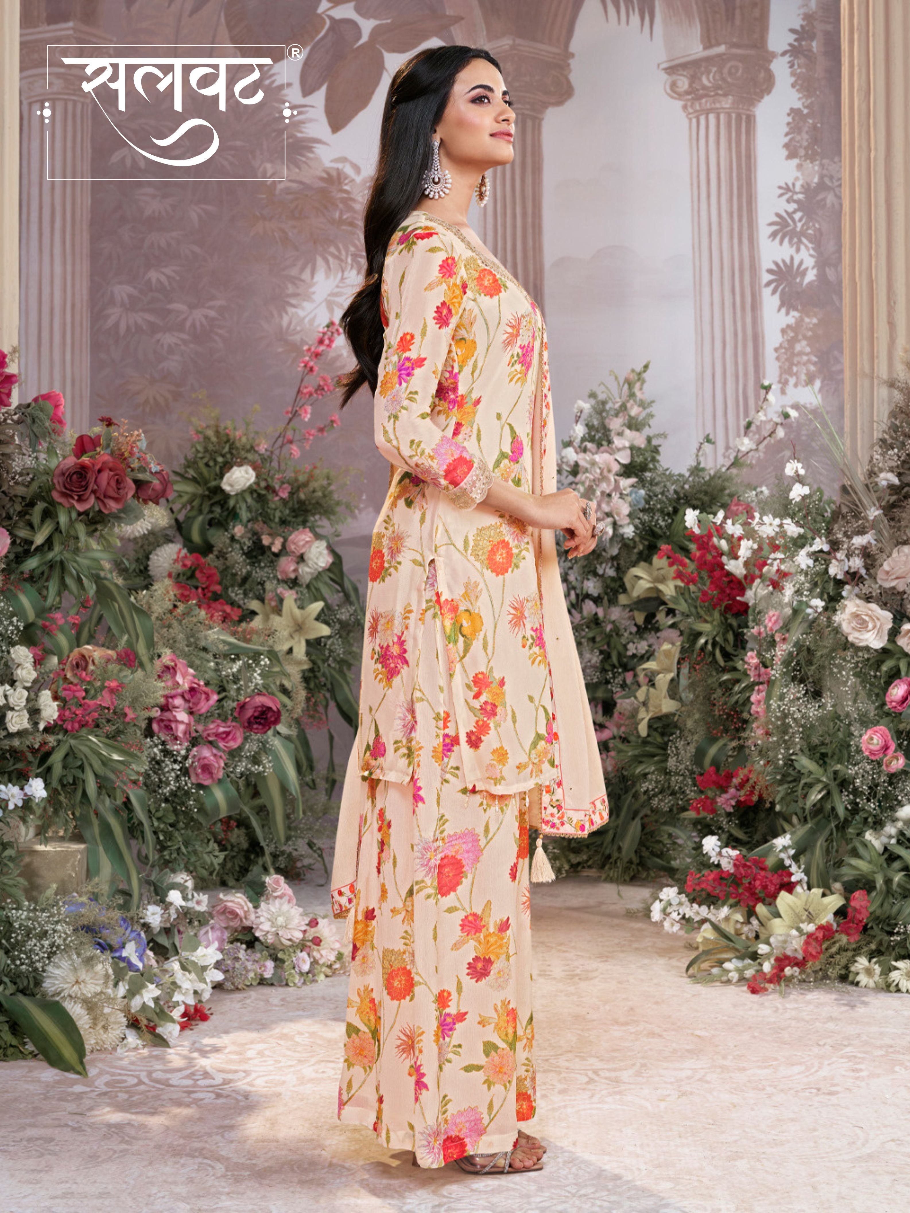 Off-White Chinon Sharara Set with Floral Print and Embroidery