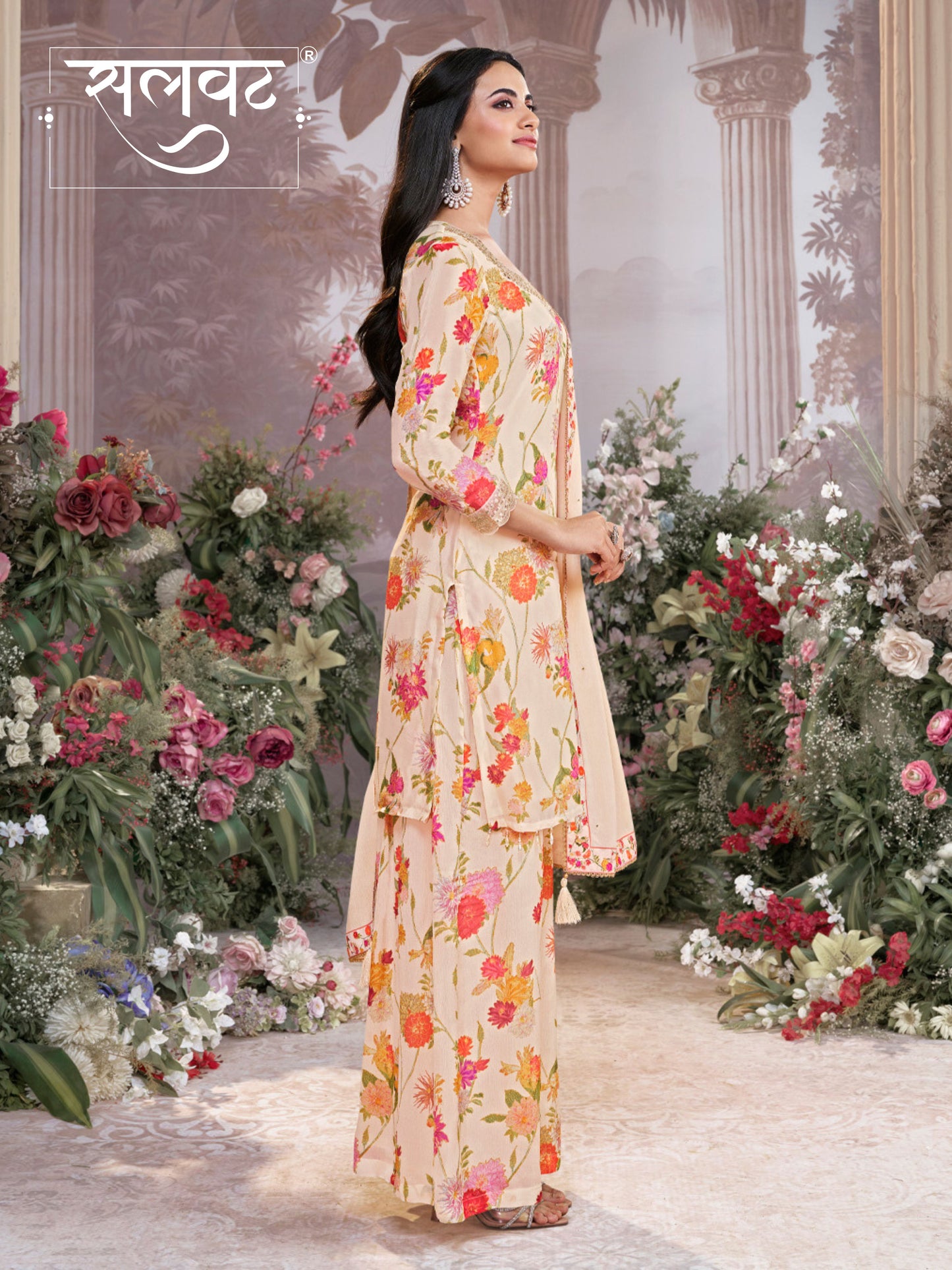 Off-White Chinon Sharara Set with Floral Print and Embroidery