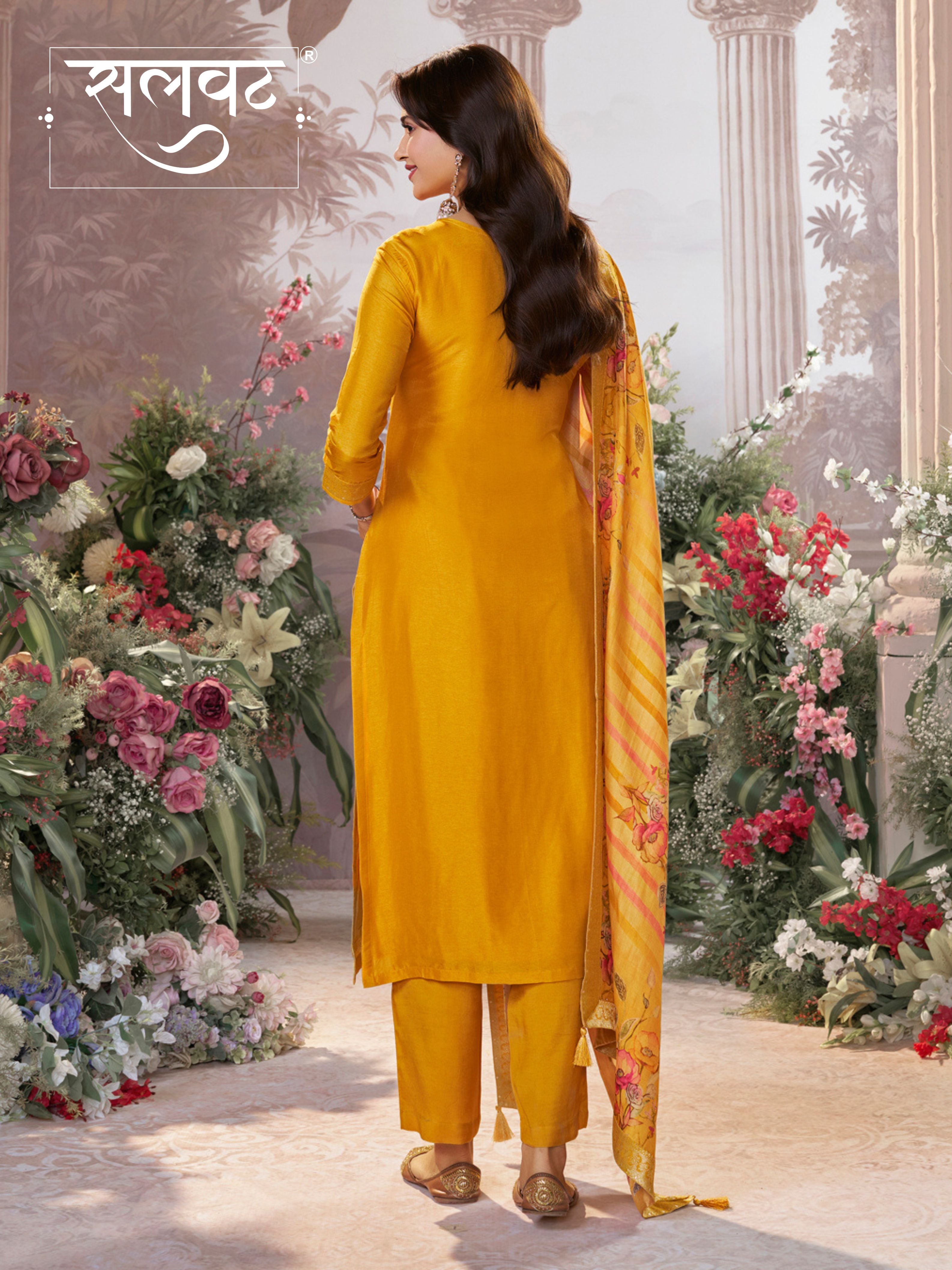Yellow Dola Silk Kurta Set with Jacquard Detailing and Intricate Embroidery, Paired with a Cherry Silk Dupatta