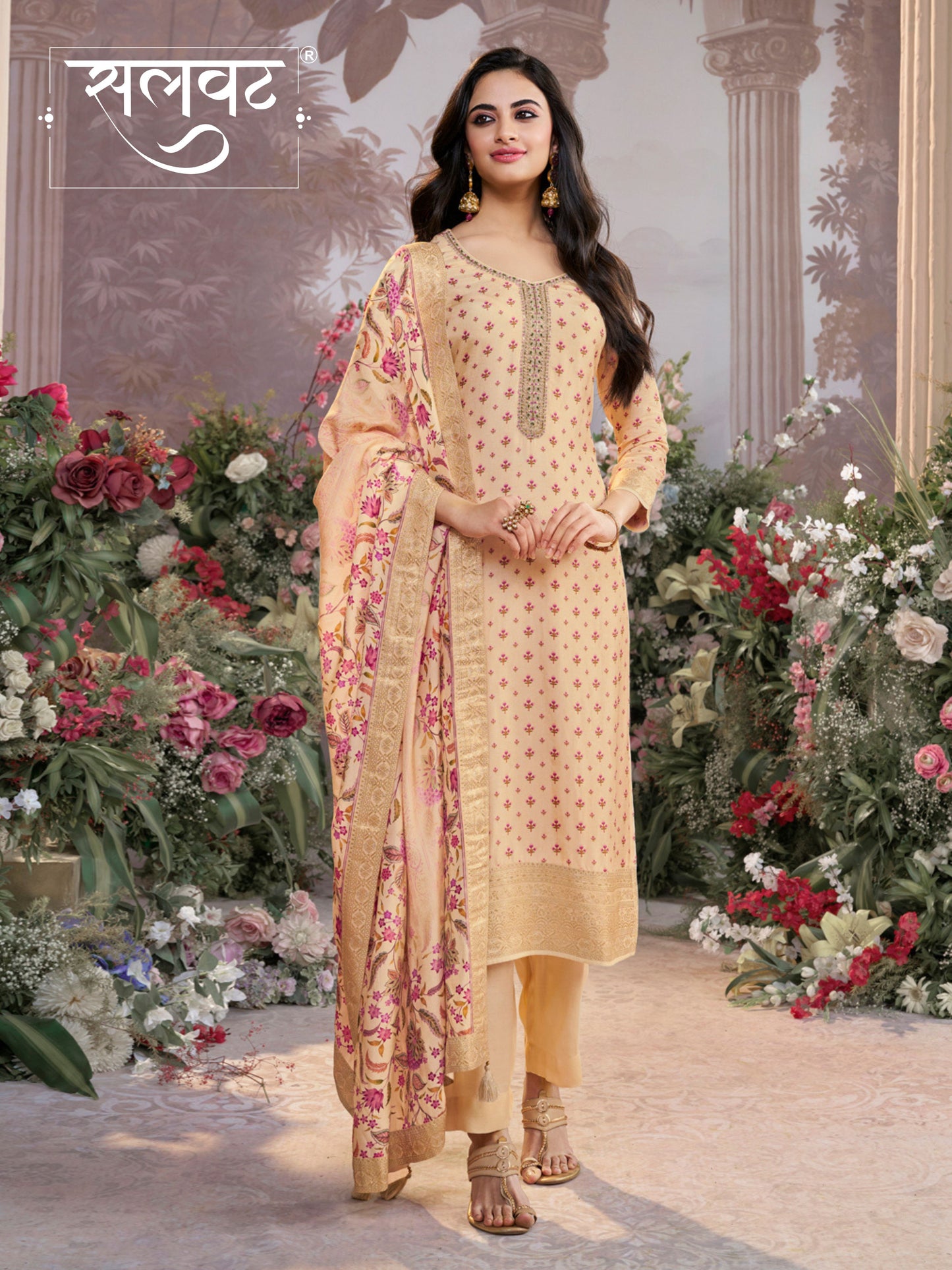 Off-White Russian Silk Kurta Set with Digital Print Work Paired with Russian Silk Digital Printed Duppatta