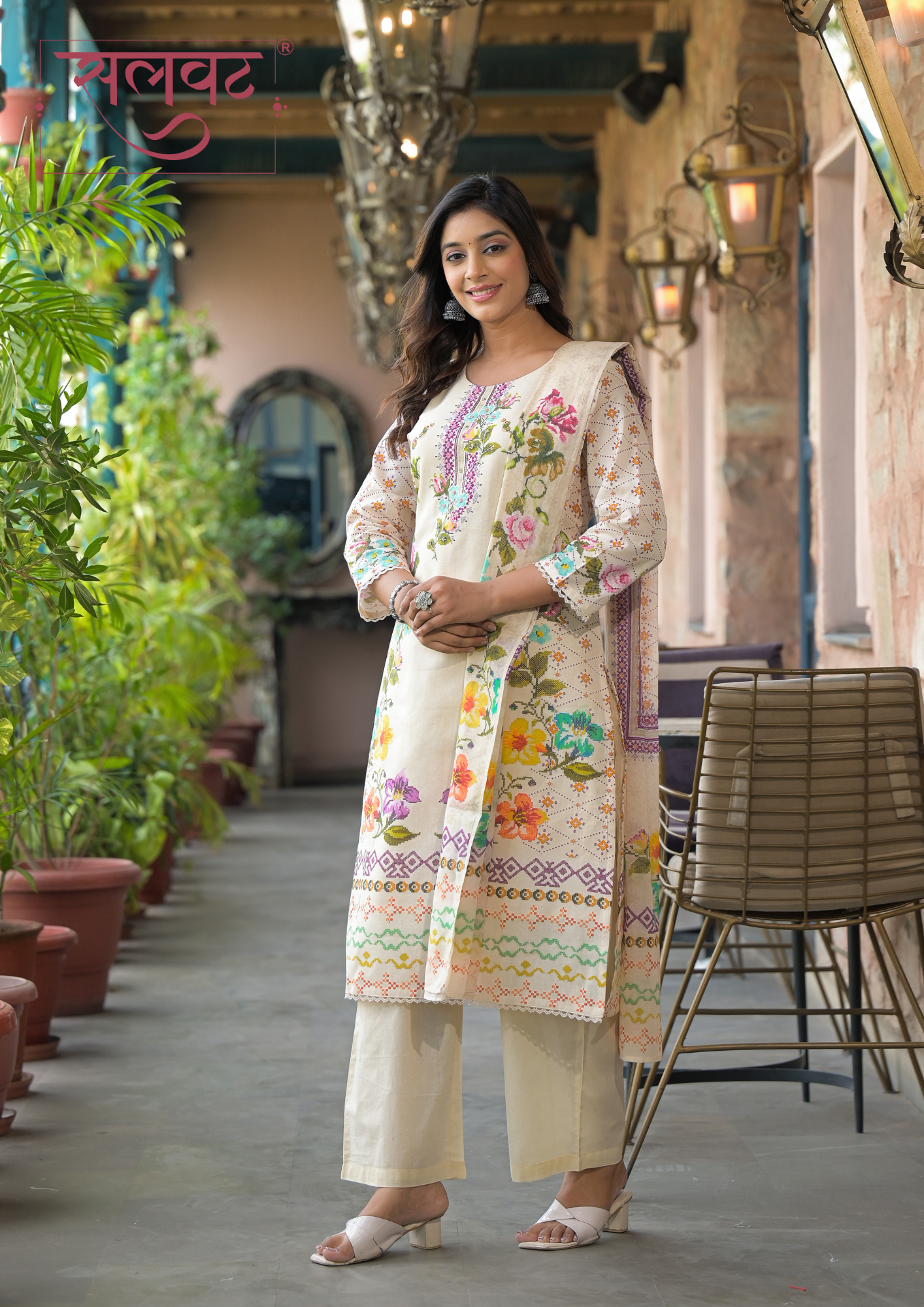 Light Beige Printed Handwork Kurta Set With Printed Dupatta